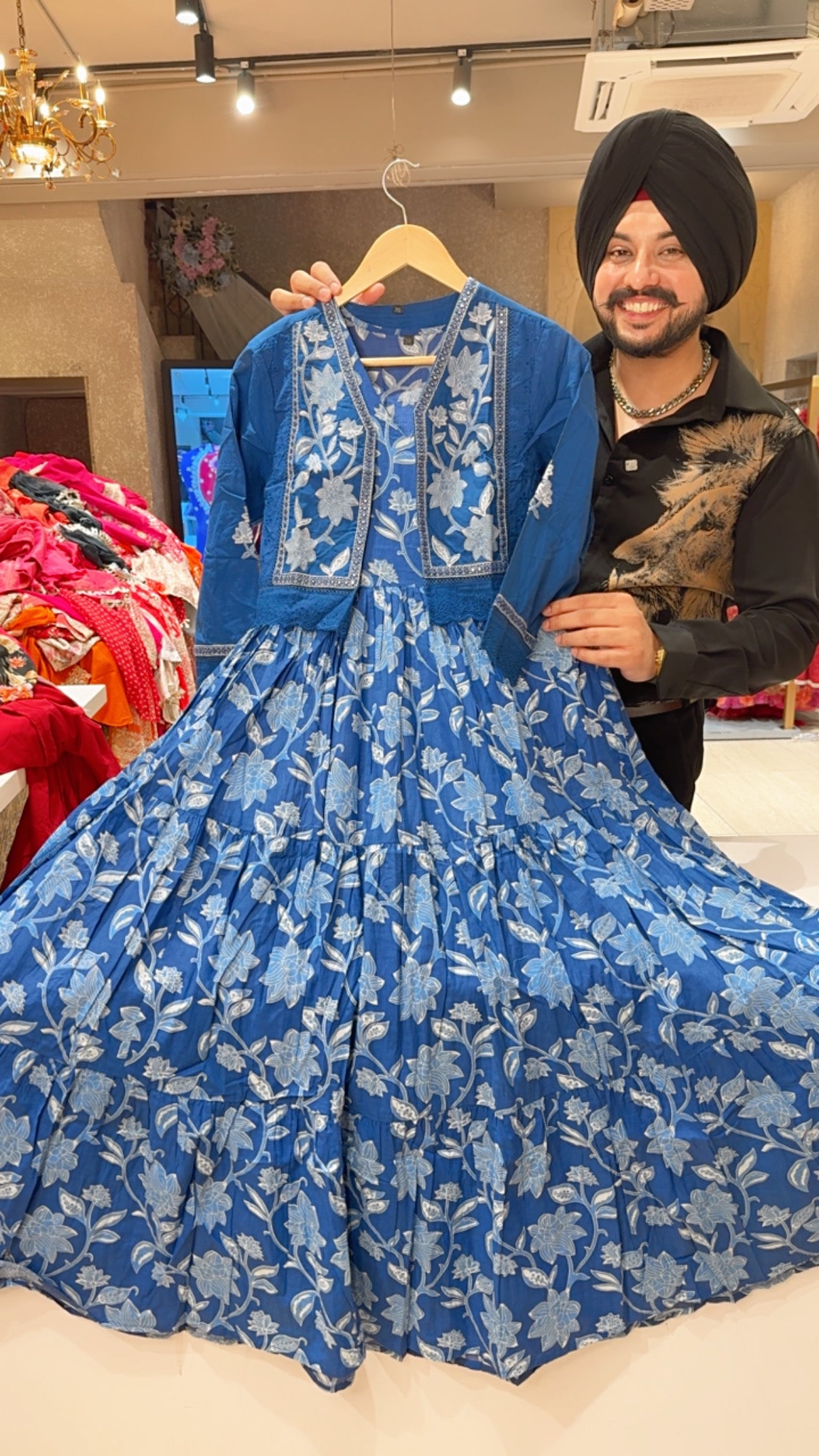 Blue Pure Cotton Floral Print Indowestern Dress with Embroidered Jacket