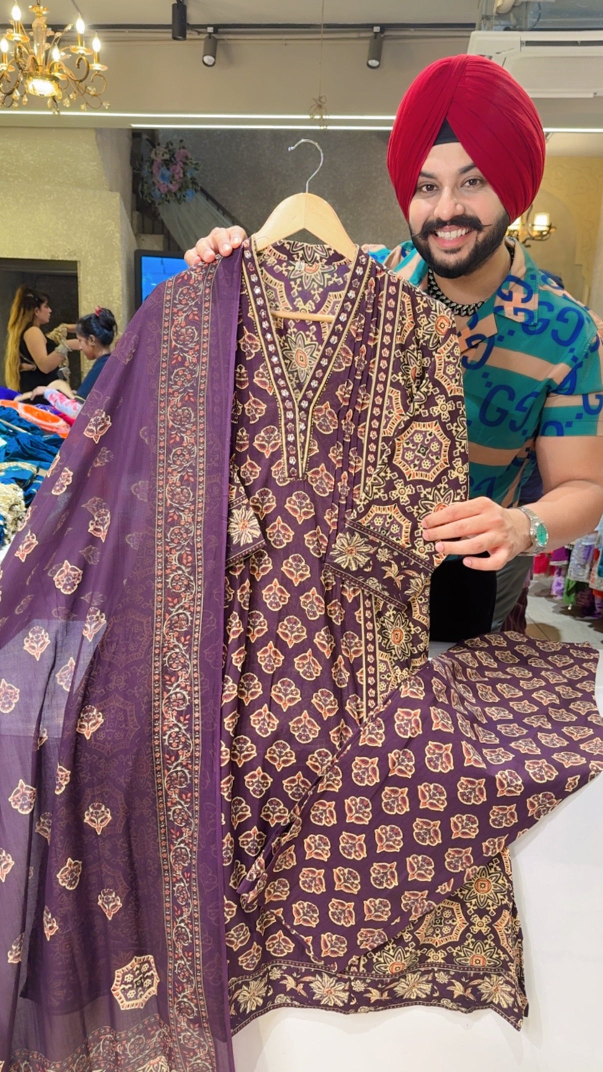 Dark wine Soft Cotton Floral Print front Gathering Straight Suit with Sleek hand embroidery Work on Neck