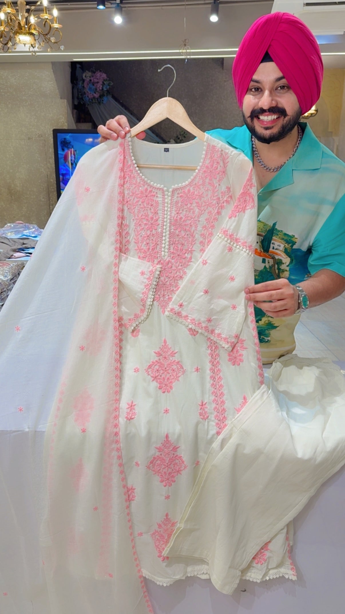 Moon White & Pink Mal Cotton Embroidered Semi Formal Straight Suit