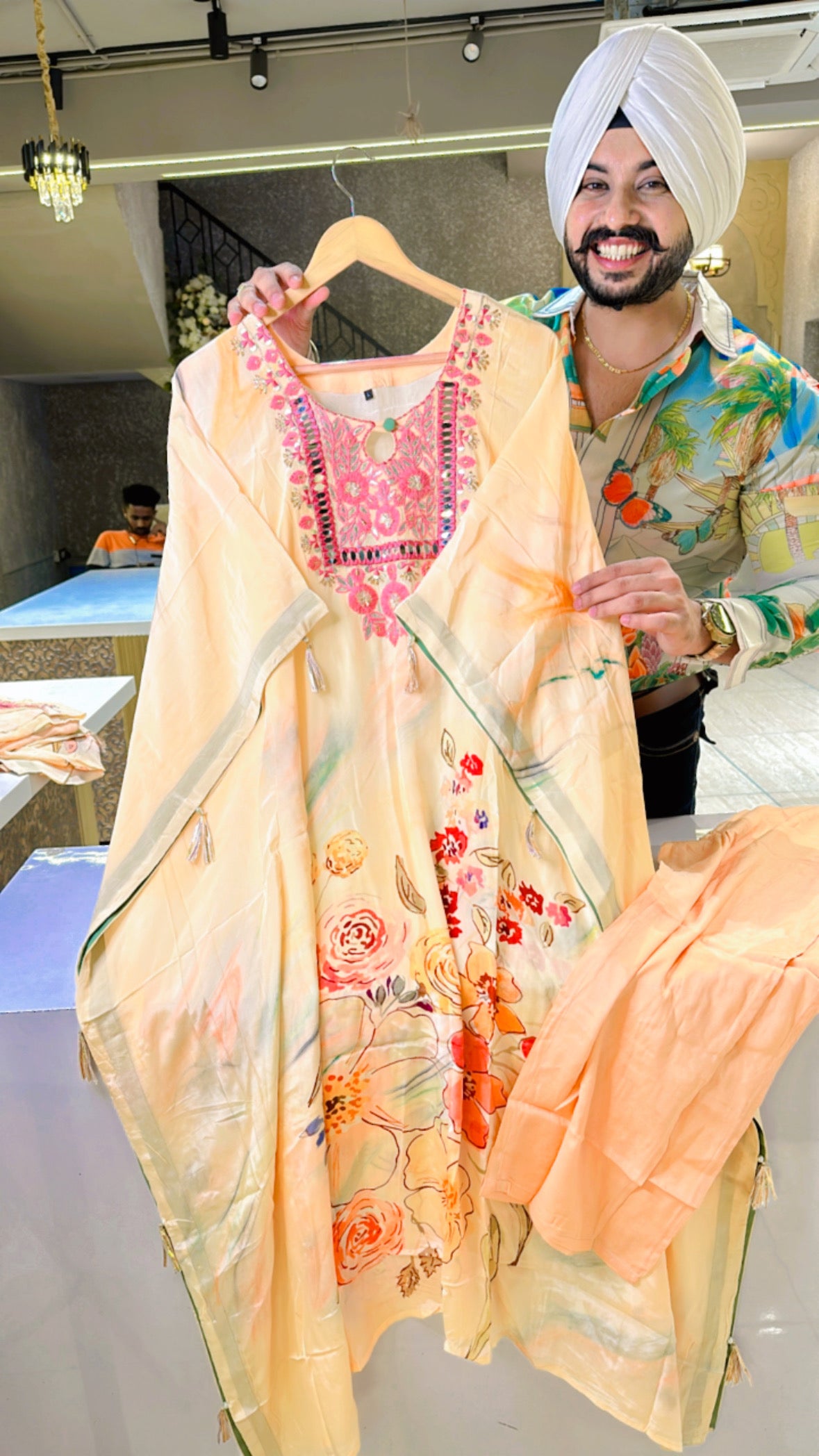 Light peach Crepe Kaftan Coord set with Beautiful Mirror & gotta Patti Hand work on neck