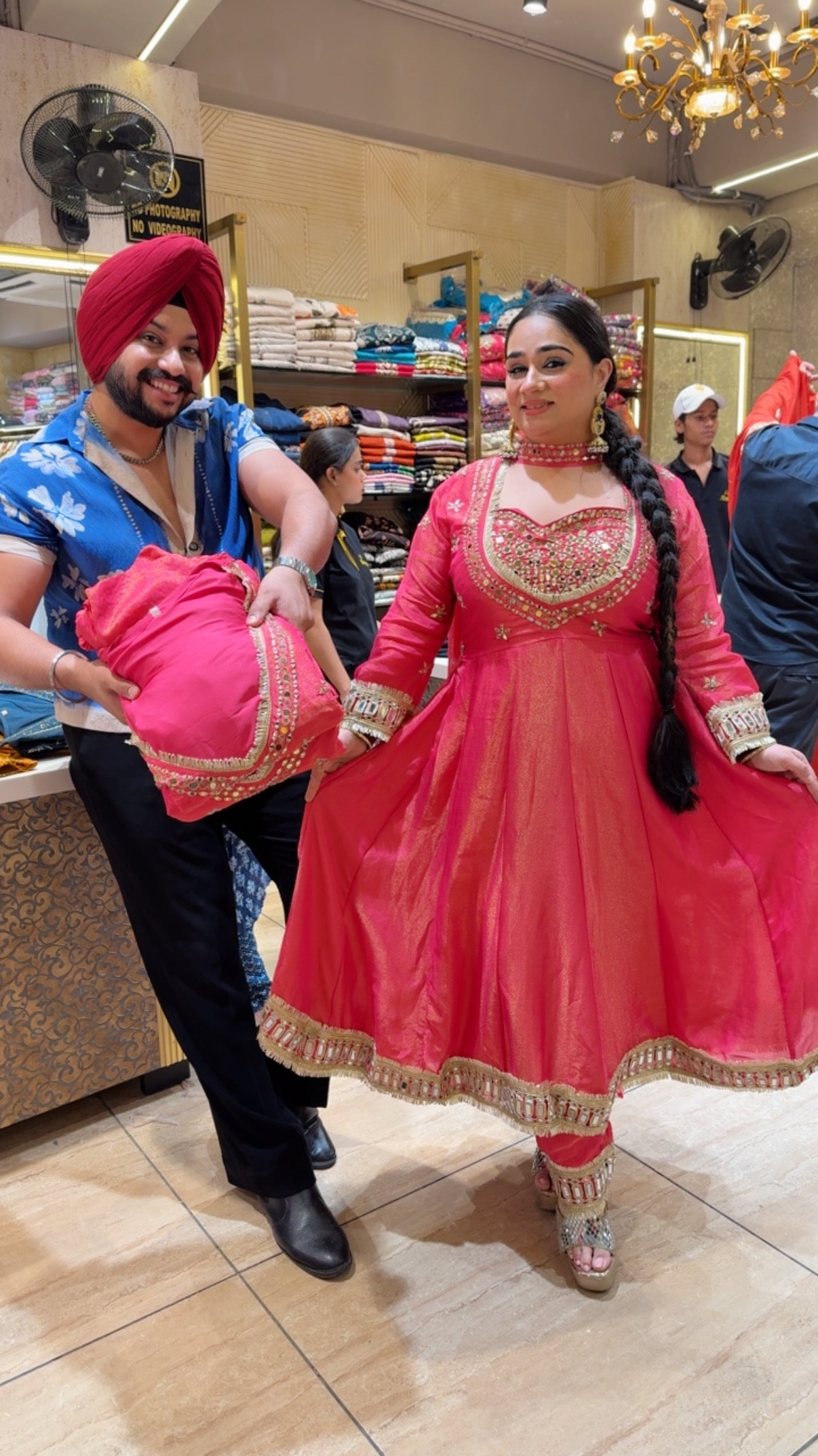 Hot pink Shimmer Slilk Mirror work Anarkali Suit with Heavy bustier & Necklace Duppata