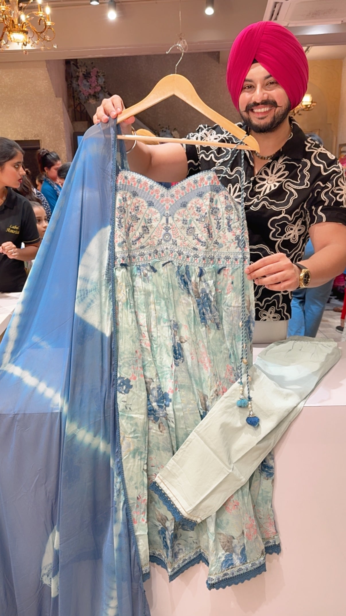Light Sea Blue Mal Cotton Noodle Sleeves Front gathering Anarkali suit with Beautiful Embroidery Work on neck