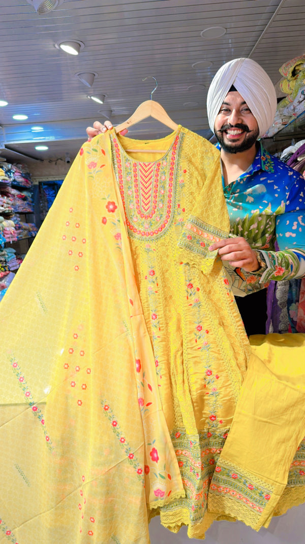 Rani Pink Georgette Hand embroidered Party wear Anarkali Gown with Beautiful Organza Duppata