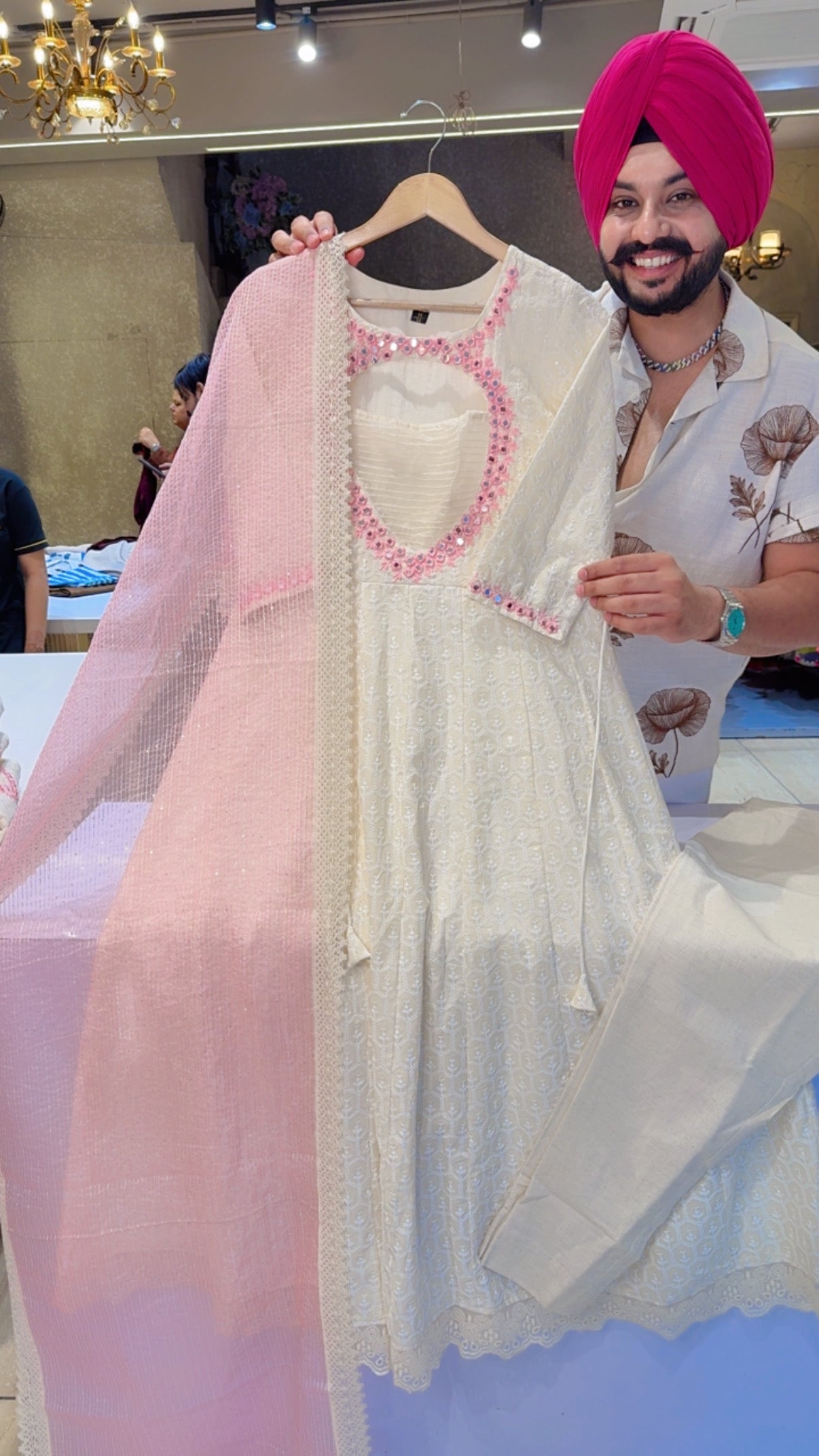 Off White & Pink Cotton Fully embroidered & Self Sequins Partywear Summerish Anarkali with Mirror work on Designer Neck