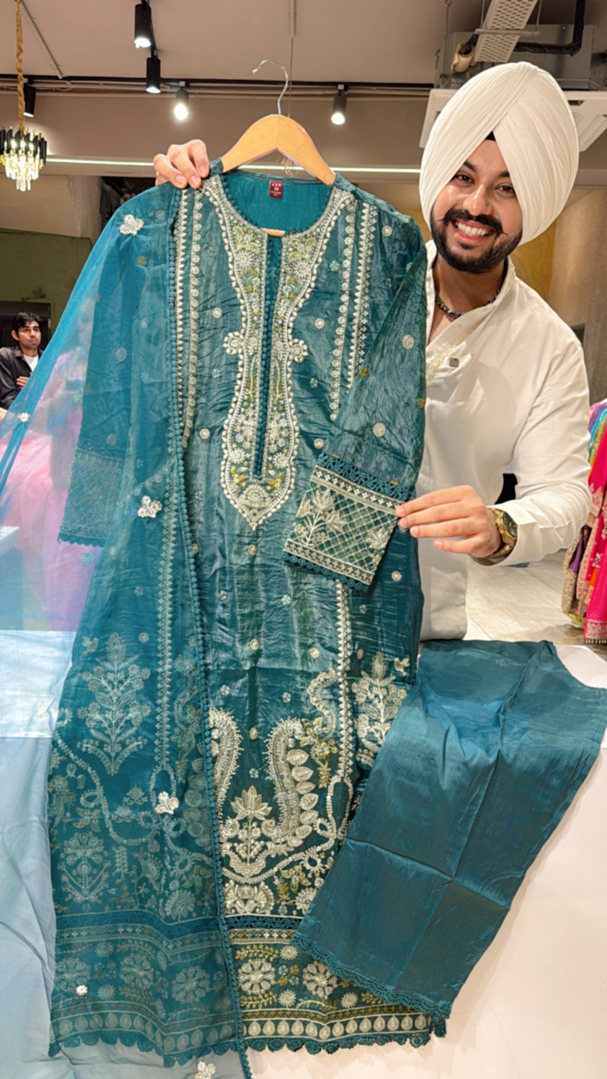 Dark Rama Crush Shimmer Organza Heavy Embroidered Kashmiri Suit with Beautiful Organza Duppata