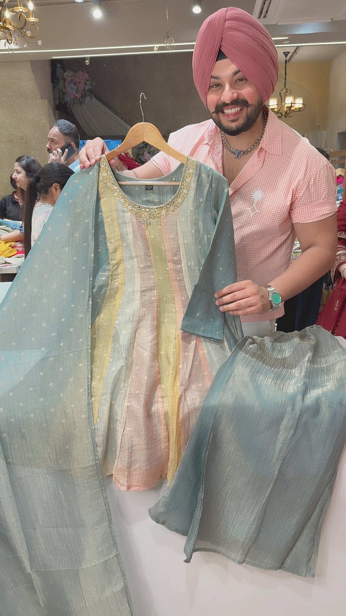 SeaBlue & Multicolored Shimmer silk Tissue Hand embroidered Paplum Plazo suit
