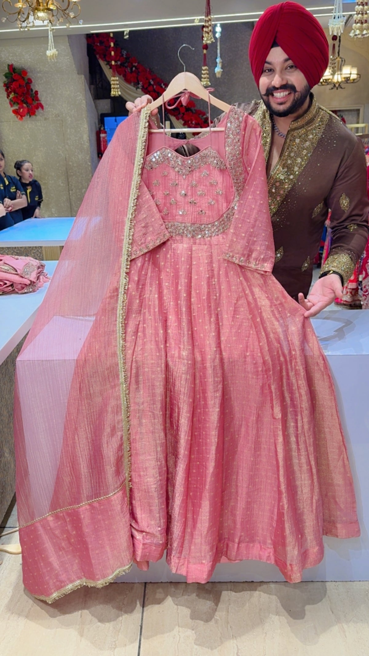 Pink Salsa Fabric Mirror Work Designer Front & Back Neck Partywear Anarkali Gown