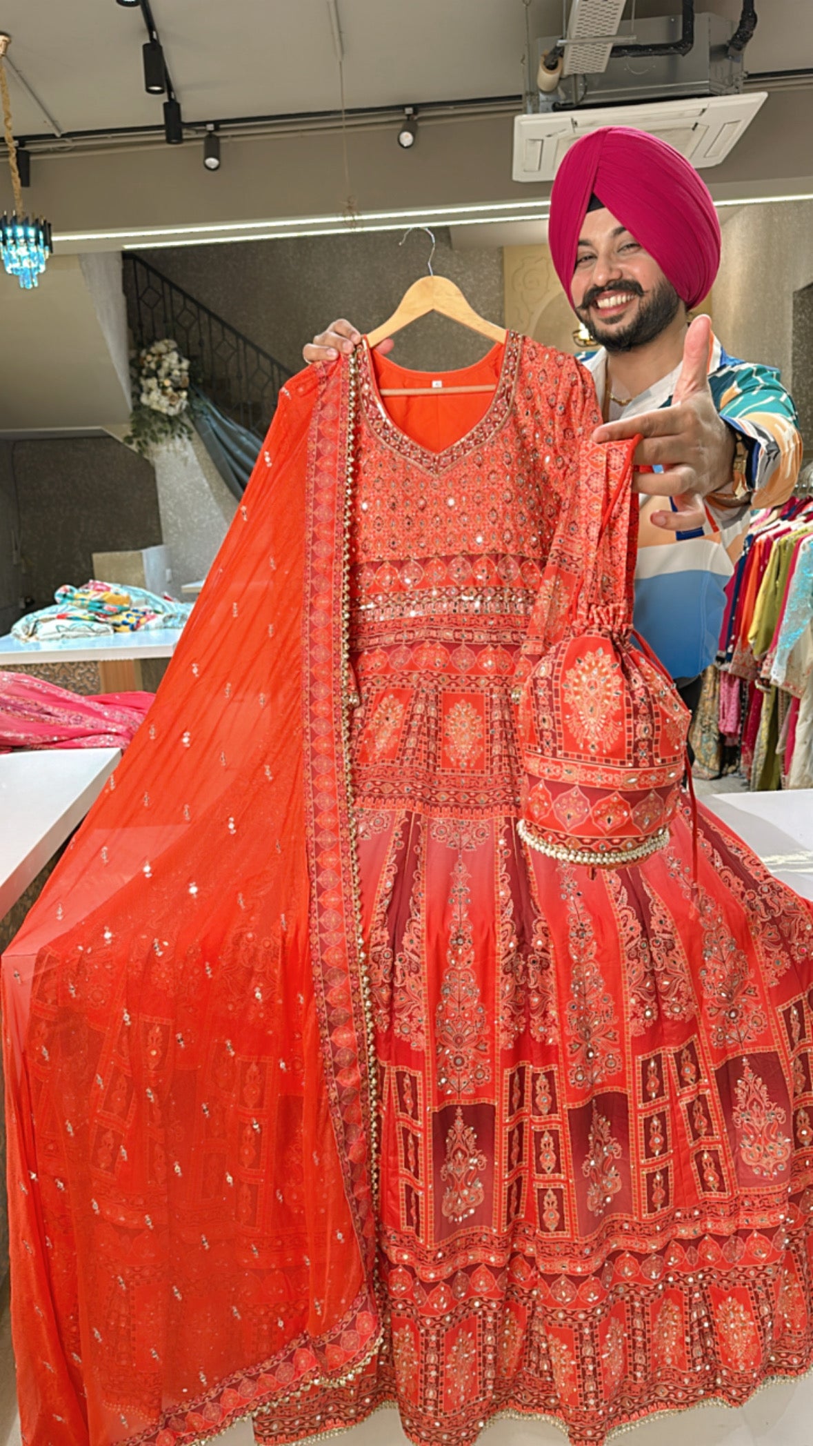 Orange Crepe Heavy embroidered & mirror pasting Anarkali Gown with Beautiful Duppata & cute Potli