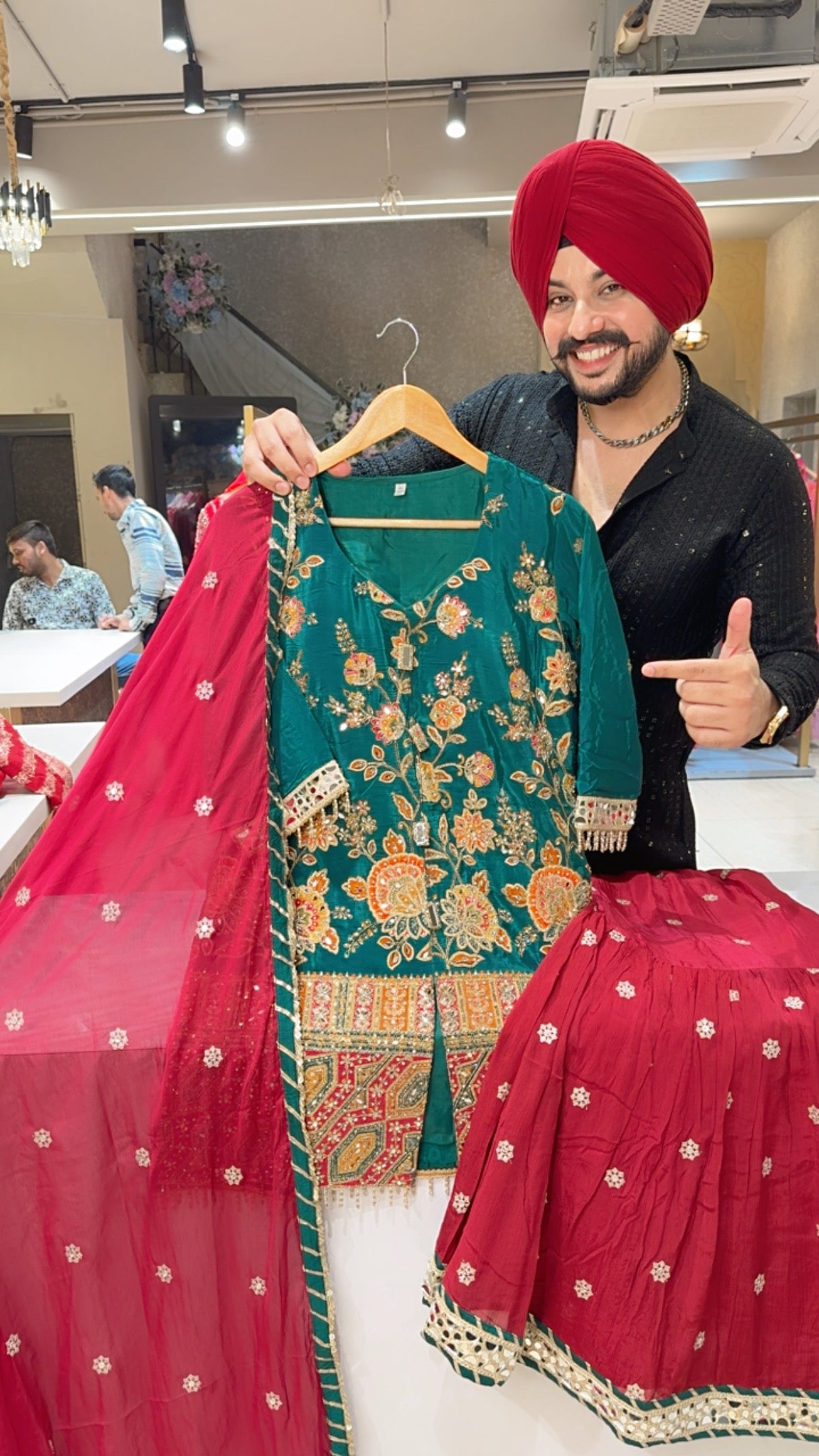 Green Heavy Hand embroidered Garara Set with Heavy sequins work on Garara & Duppata