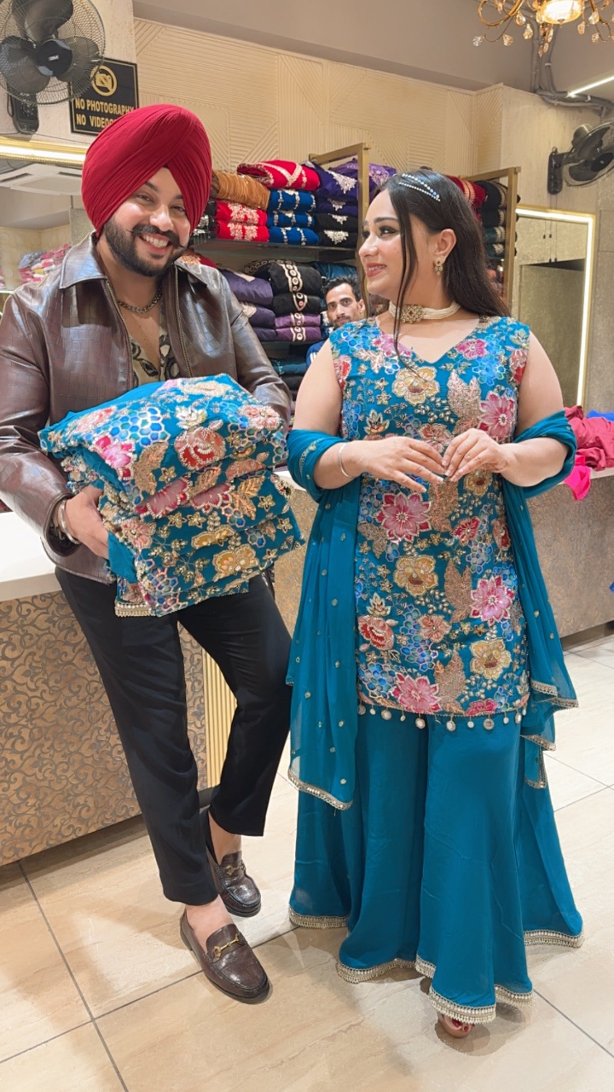 Firozi Crepe Heavy Hand embroidered Full Flair Cut Sleeves Sharara Set with Sequins Work Chinon Duppata