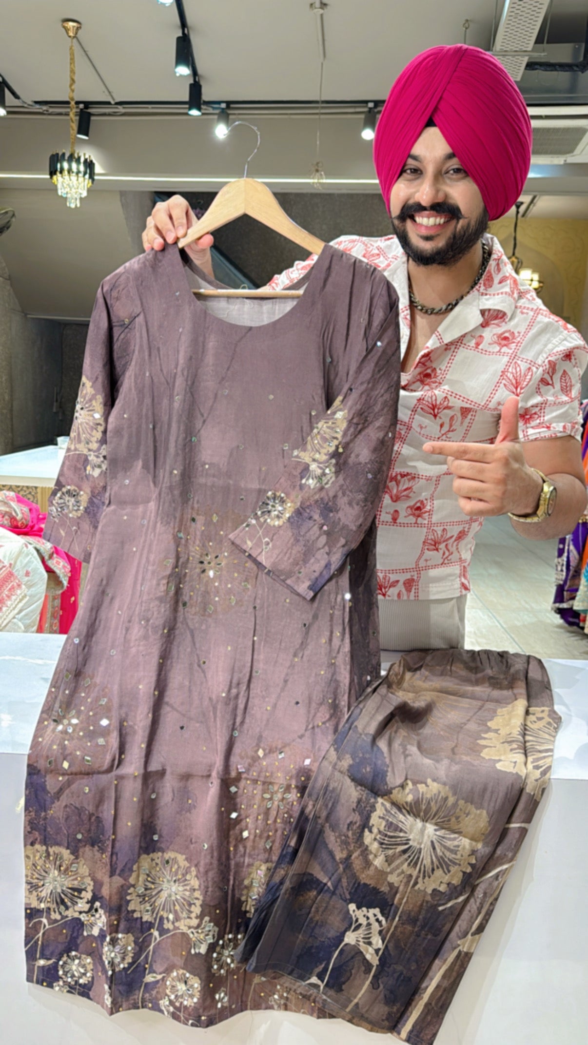 English Brown Soft silk Long Length Coord set with Beautiful  Mirror Pasting on it