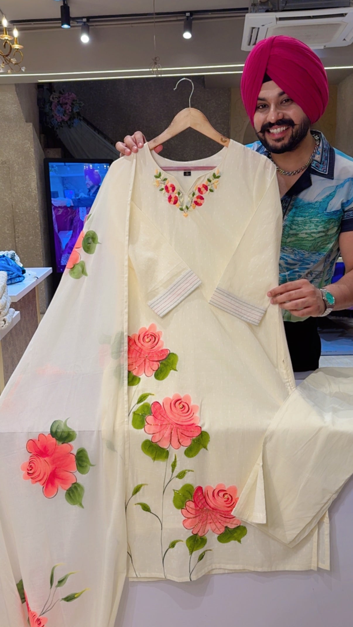 Off white Cotton Hand Painted Summerish Suit with Hand embroidery Work on Neck & Beautiful Mal Cotton Hand painted Duppata
