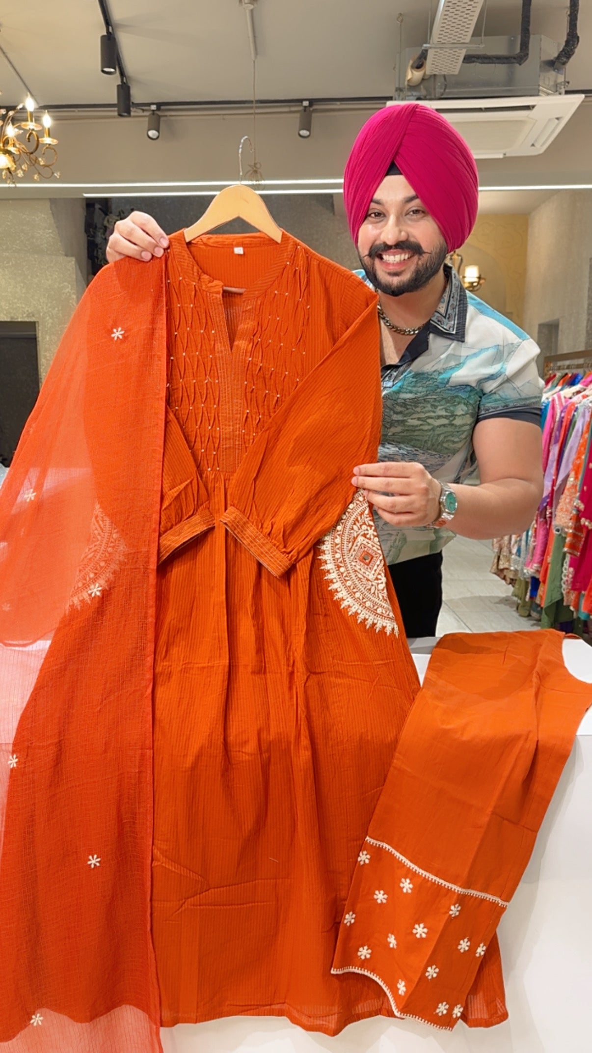 Rusty Orange Pure Cotton Designer embroidered A-line Suit with Beautiful Kota Doria Duppata