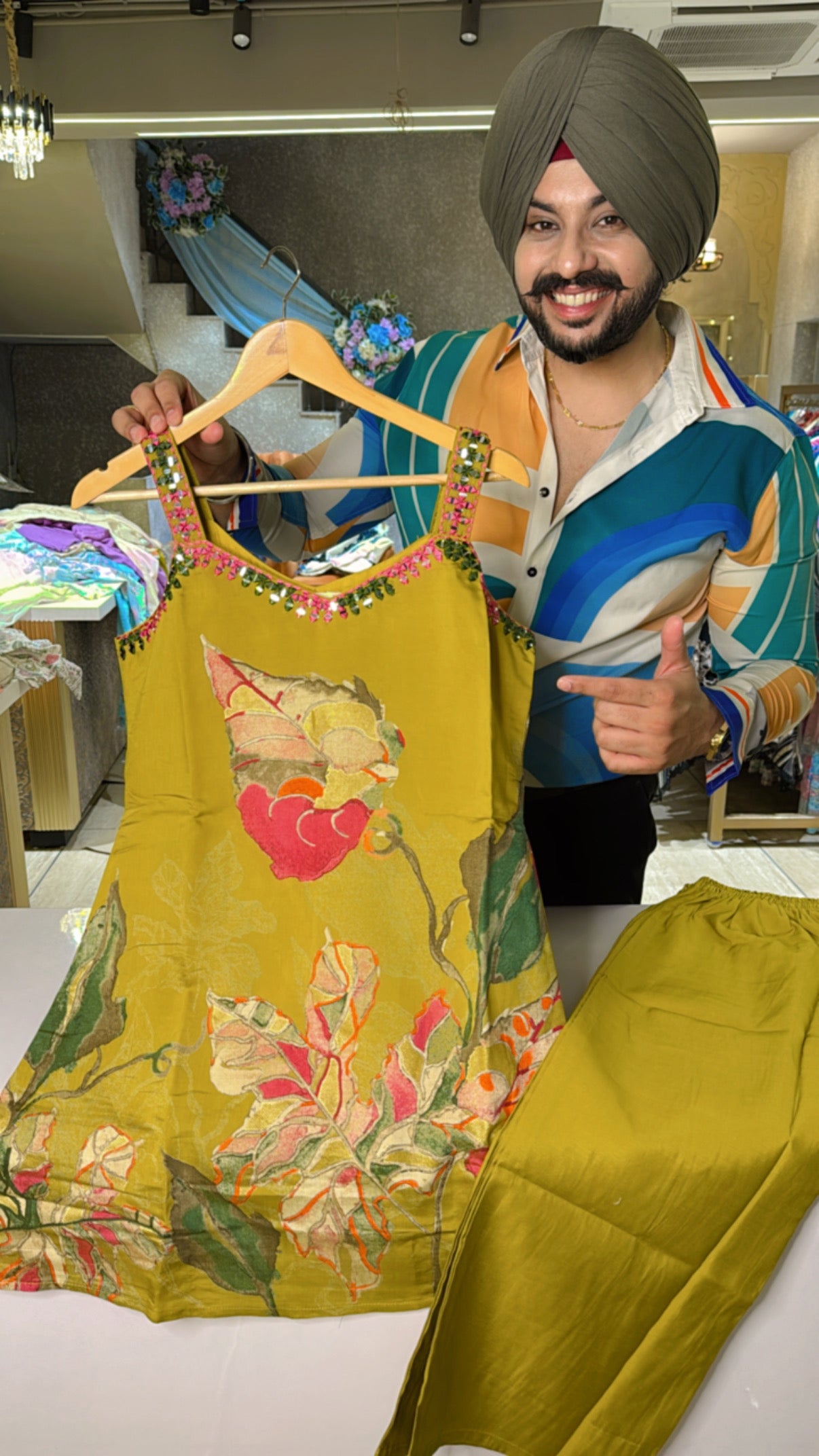 Yellow Imported Silk Strap Sleeves Mirror Work Coord set
