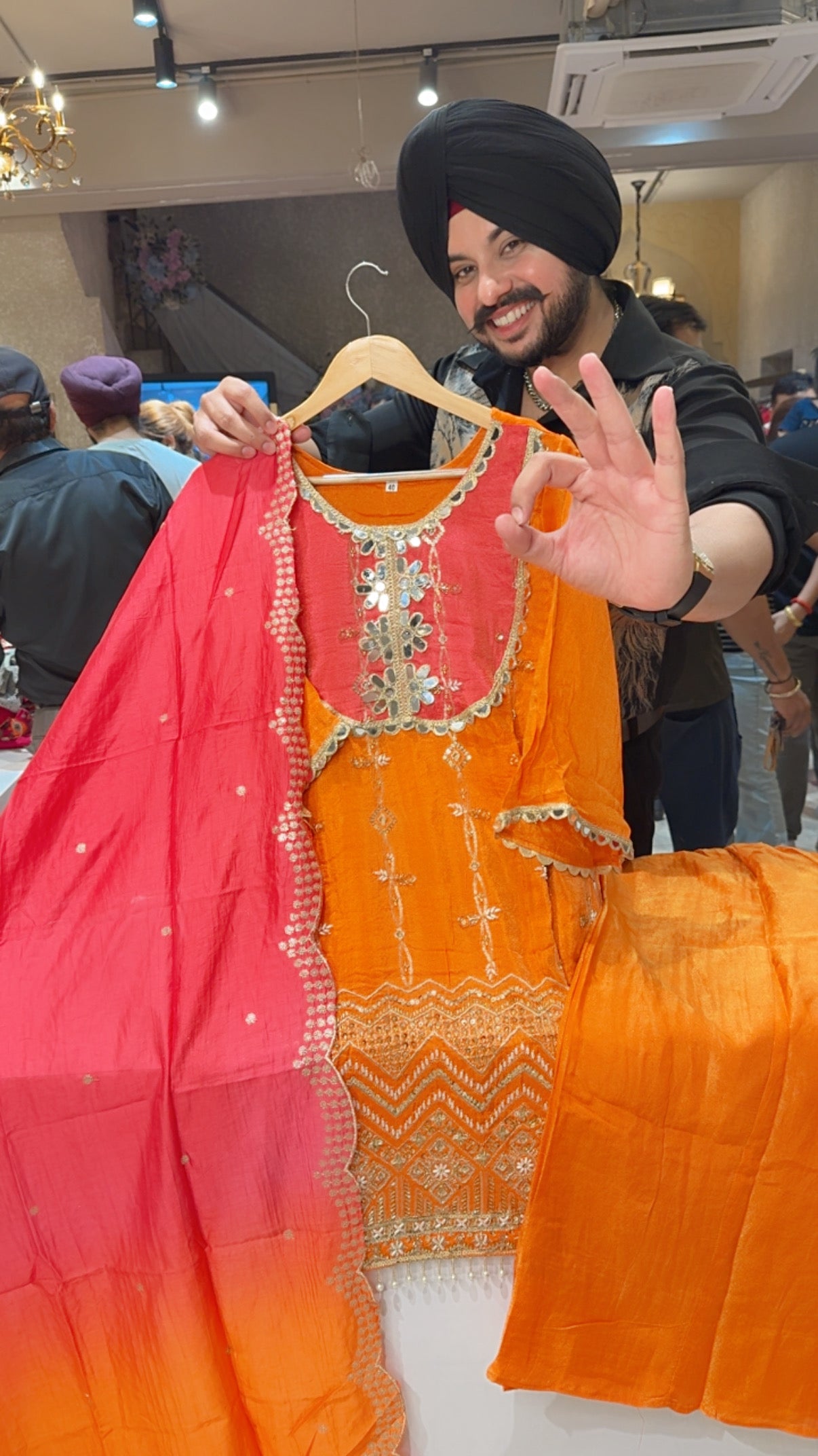 Orange Shimmer silk Heavy Hand embroidered Indowestern Plazo suit with Beautiful Duppata