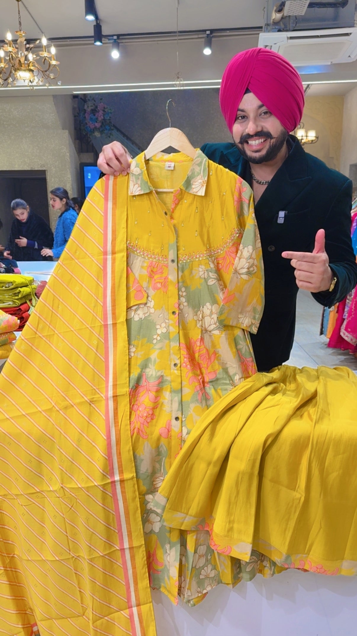 Yellow Muslin Silk Floral Print Collar Neck embroidered A-line Sharara suit