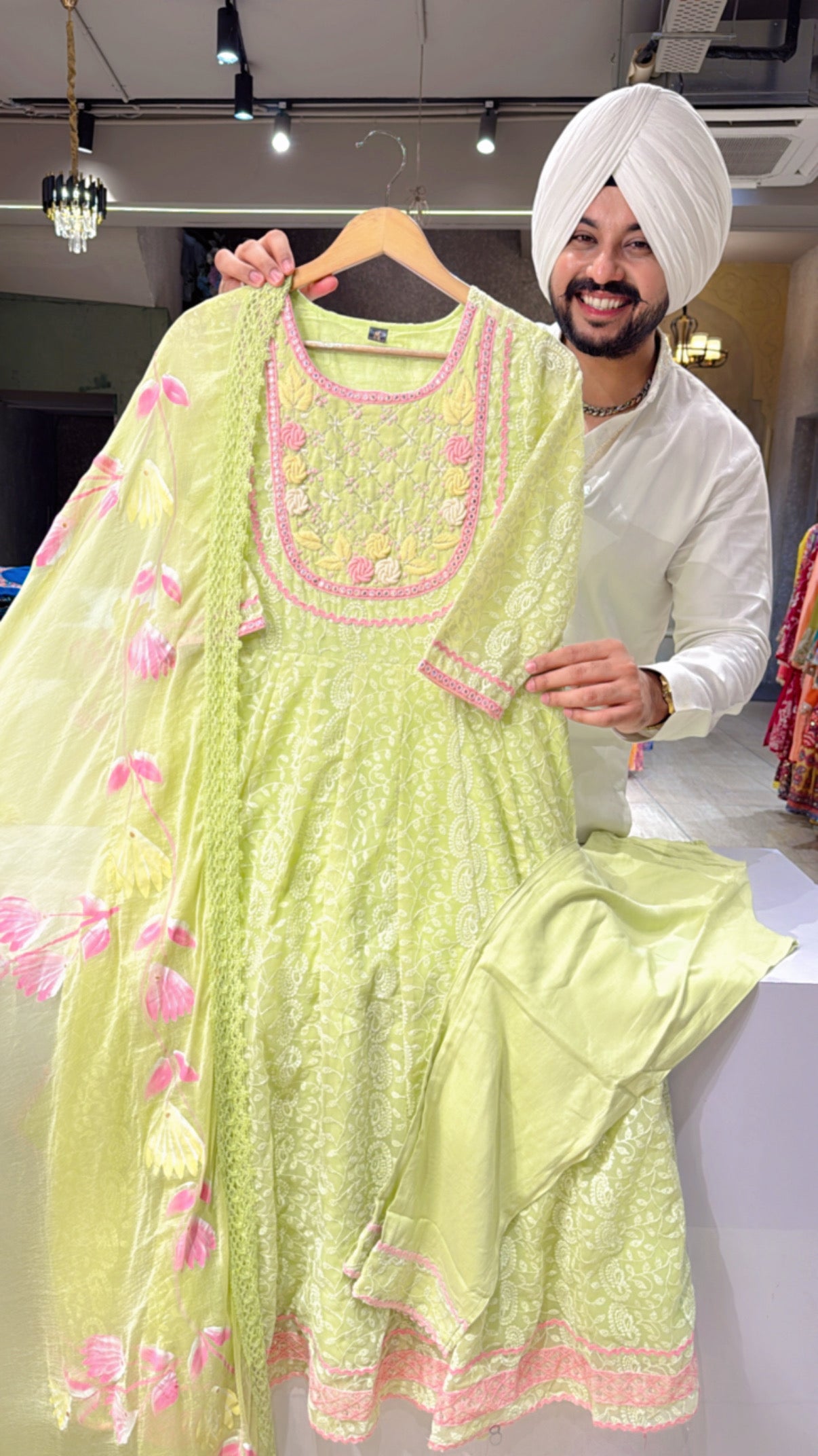 Mint Green Georgette Heavy Self embroidered Anarkali Suit with Hand embroidery work on neck & hand painted Chiffon Duppata