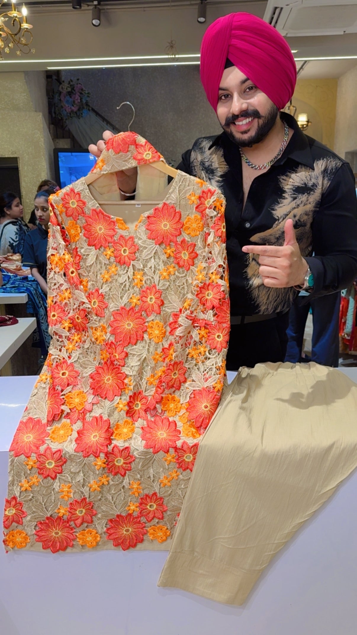 Beige & Multicolored Cotton Heavy Floral Crochet Lace Farshi Salwar Set with Sleek Necklace Duppata