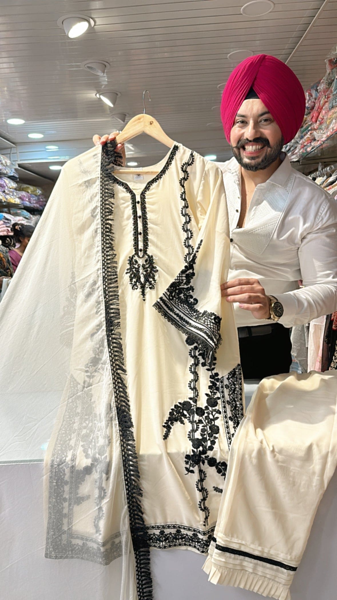 Off White Georgette Kashmiri suit with Pearl Handwork