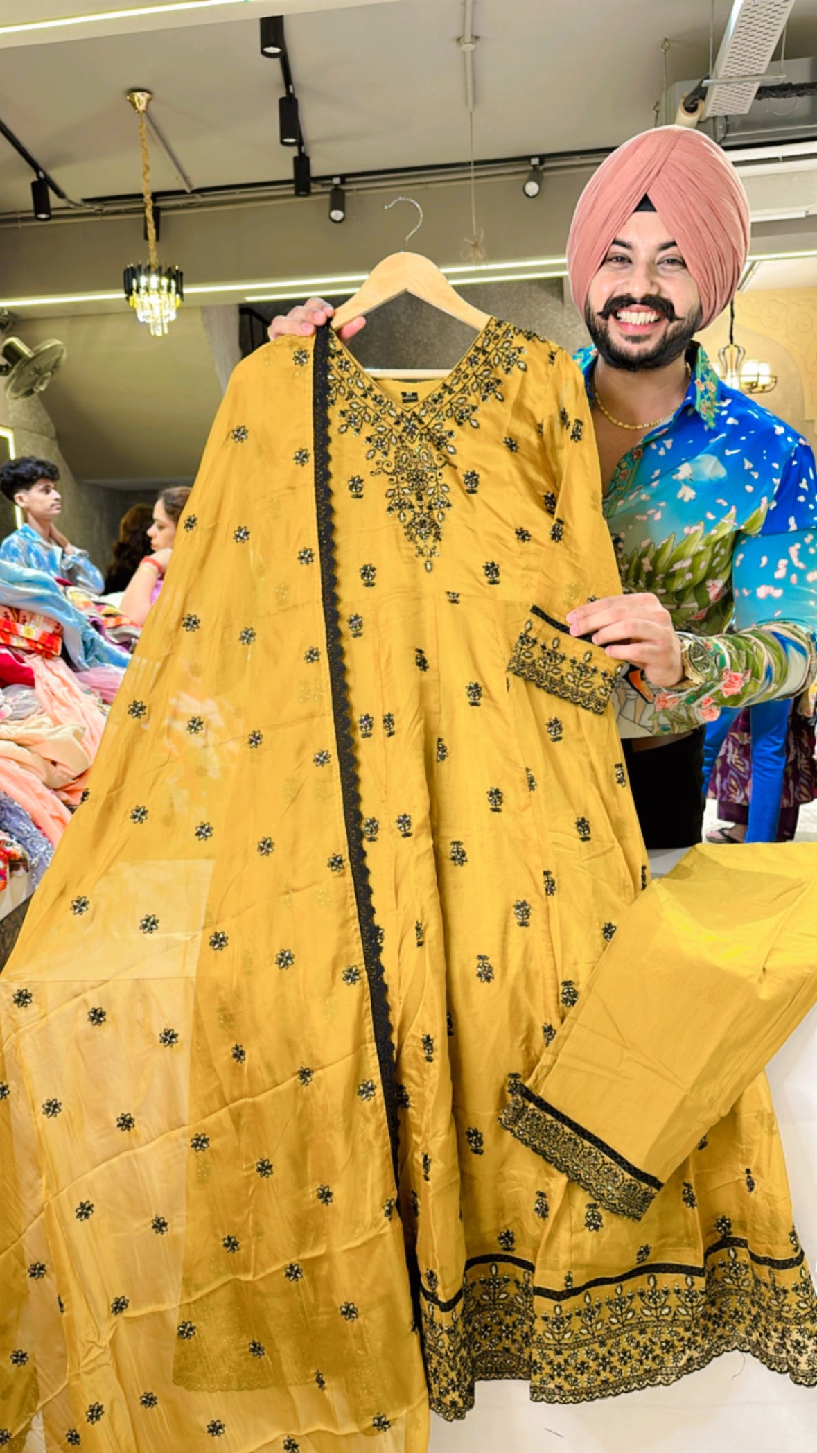 Goldenish Yellow V-neck Fully embroidered Anarkali Suit with Embroidered Duppata