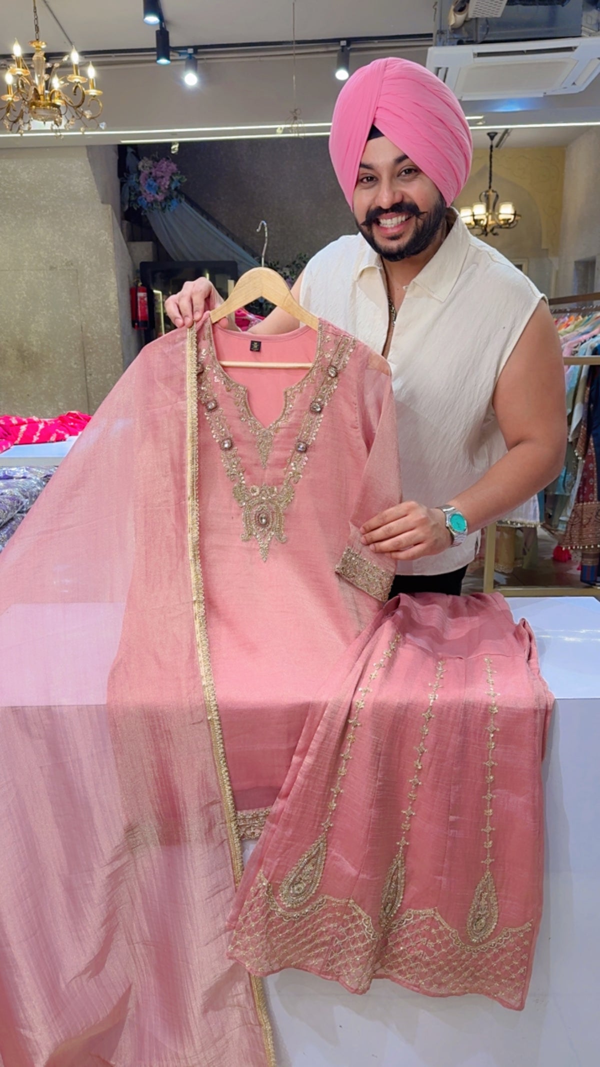 Pink Salsa Fabric Stone & Hand embroidered Partywear Farshi Salwar Suit