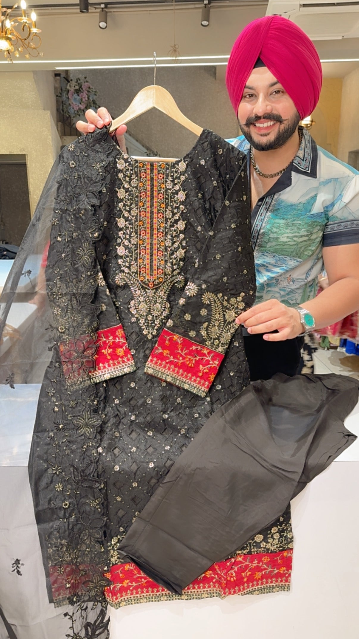 Black Soft Organza Fully Embroidered & Cutwork Party Wear Straight Suit with Heavy Embroidered Duppata