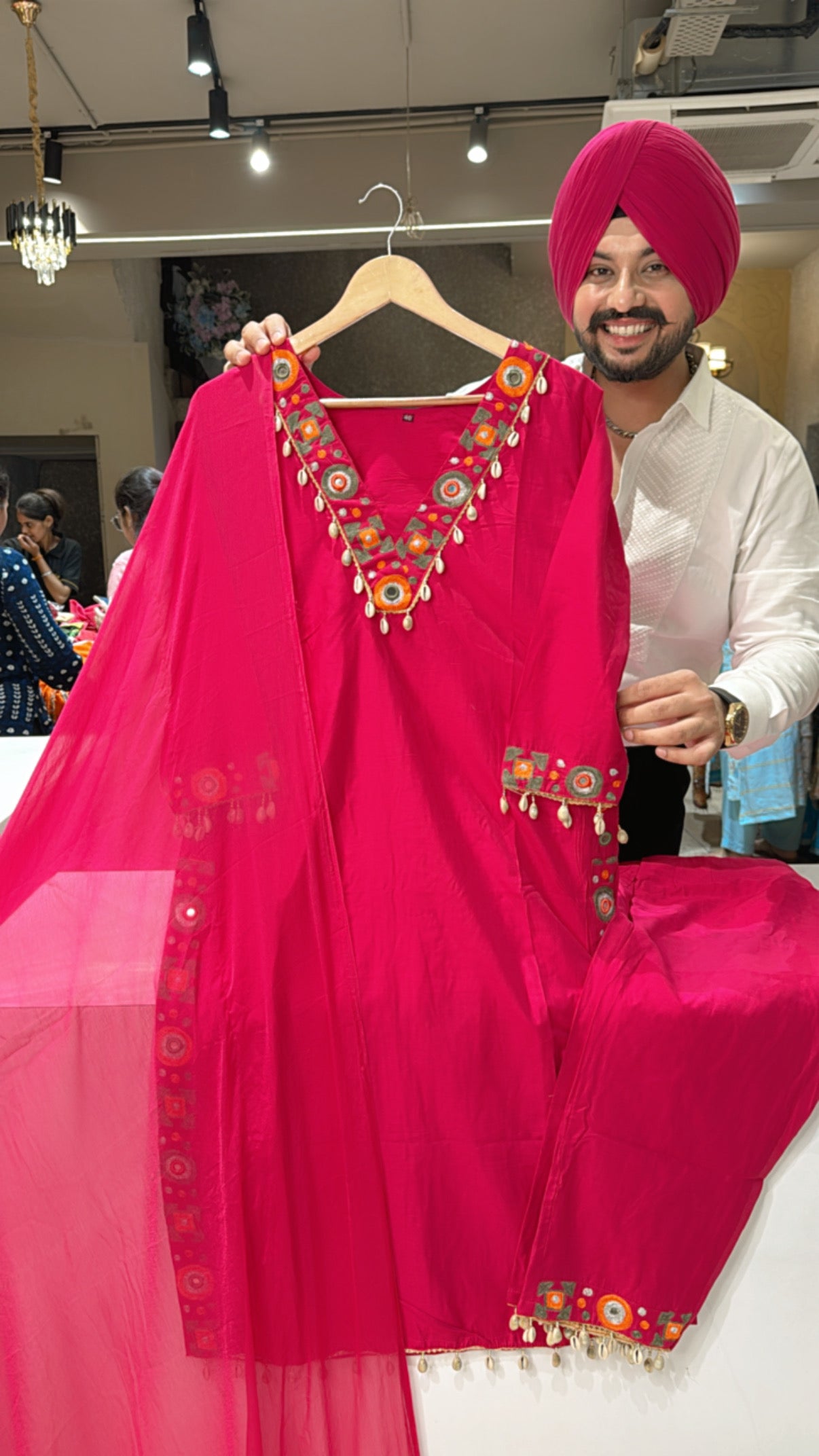 Hot Pink Silk Girlish Heavy embroidered & Shell Hangings Straight Suit with Beautiful Chiffon Duppata