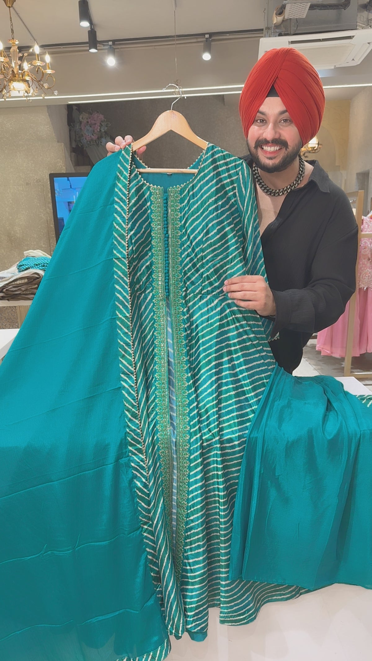Seagreen Lehriya Print Padded Front Slit Sequins Work Anarkali Suit With Front Pleated Plazo
