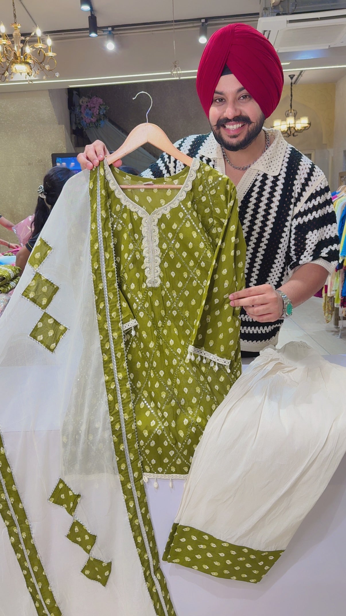 Green & Off White Semi Formal Farshi Salwar Suit with Beautiful Shell Hangings & Pearl Work on it