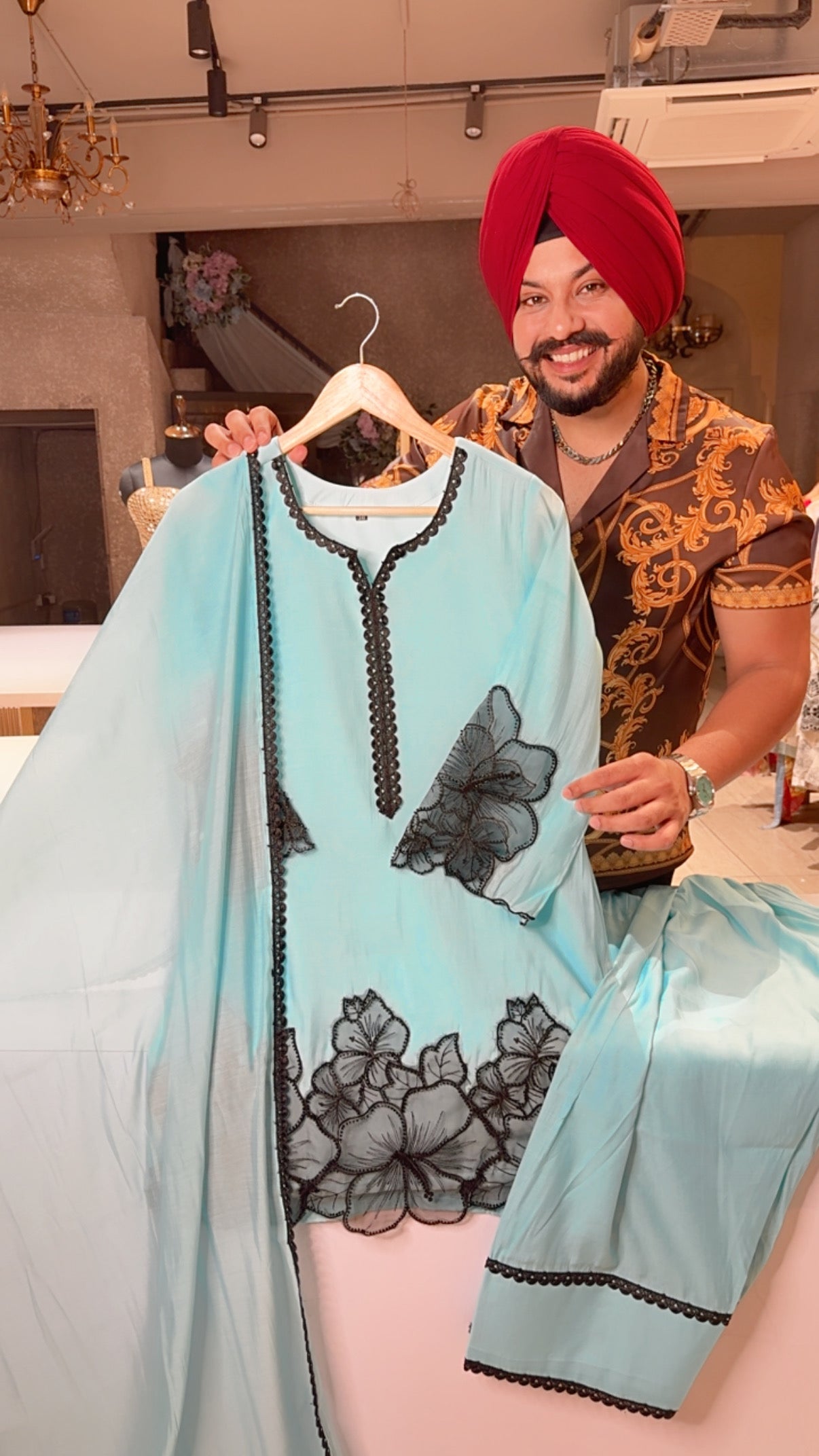 Ice Blue Mal Chanderi Flower Embroidered Farshi Salwar Suit