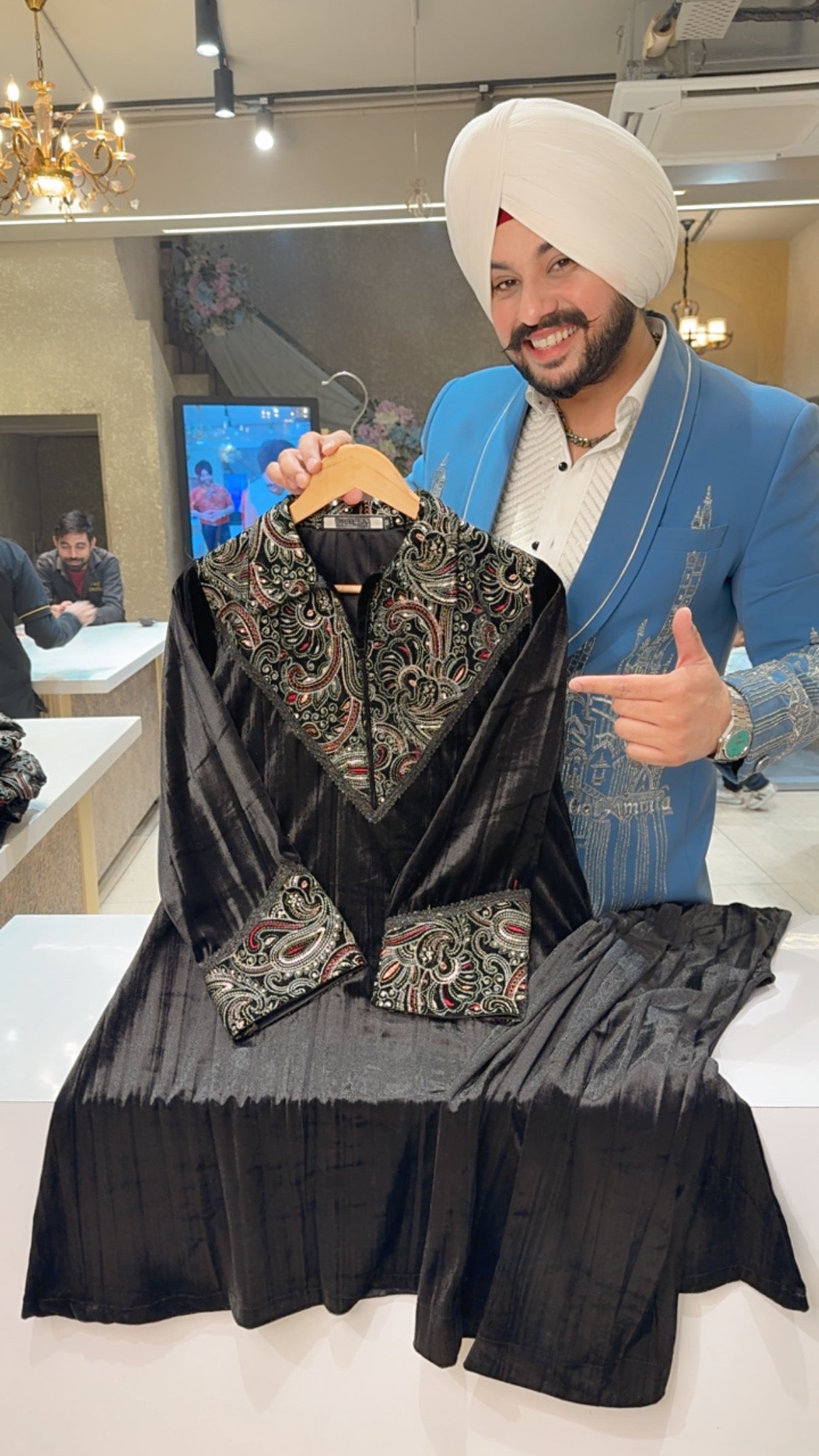 Black Premium Crush Velvet Paplum Coord set with Beautiful embroidery work on Front & Back