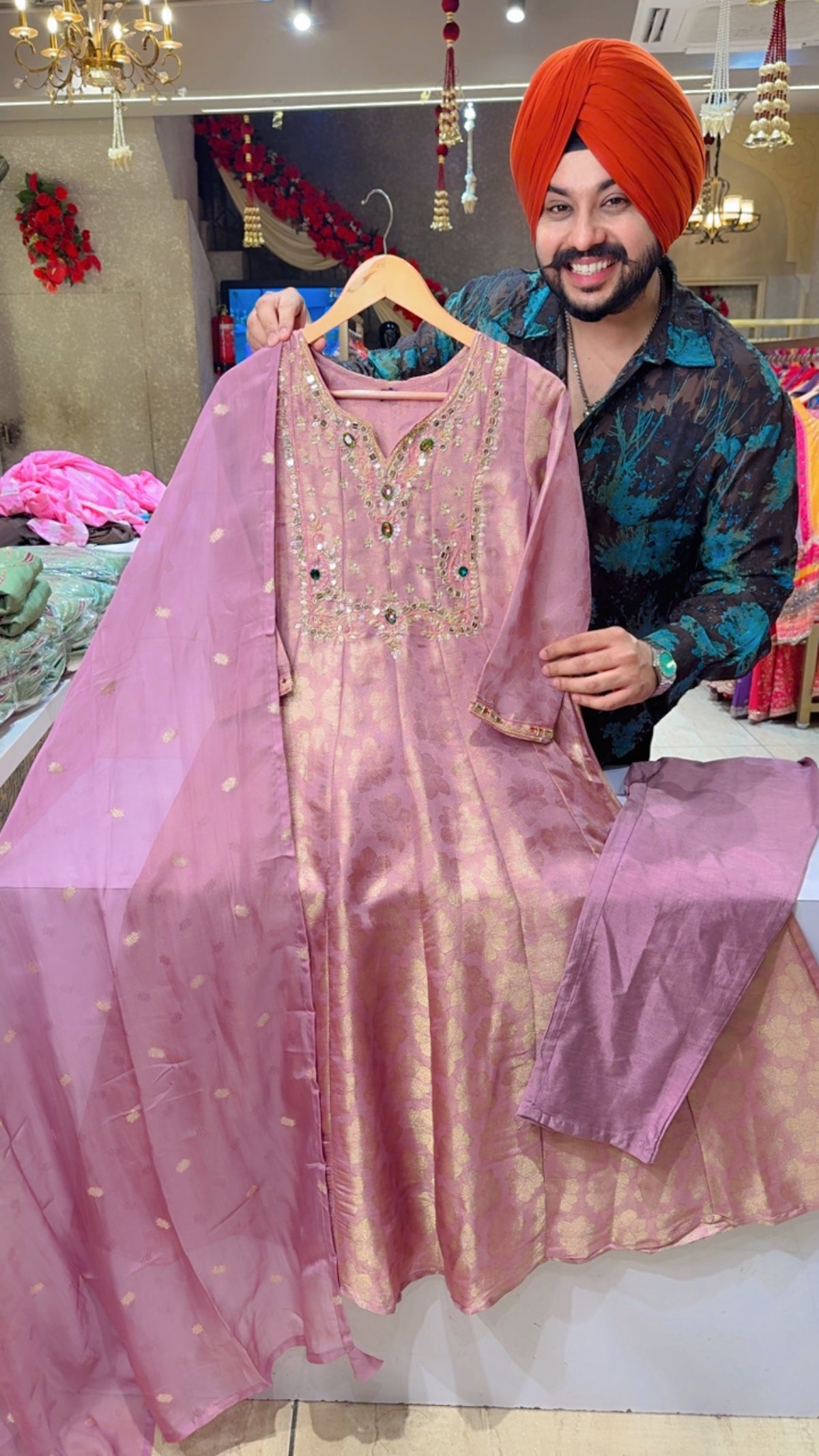 Onion Pink Brocade Silk Stone Hand Embroidered Party Wear Anarkali