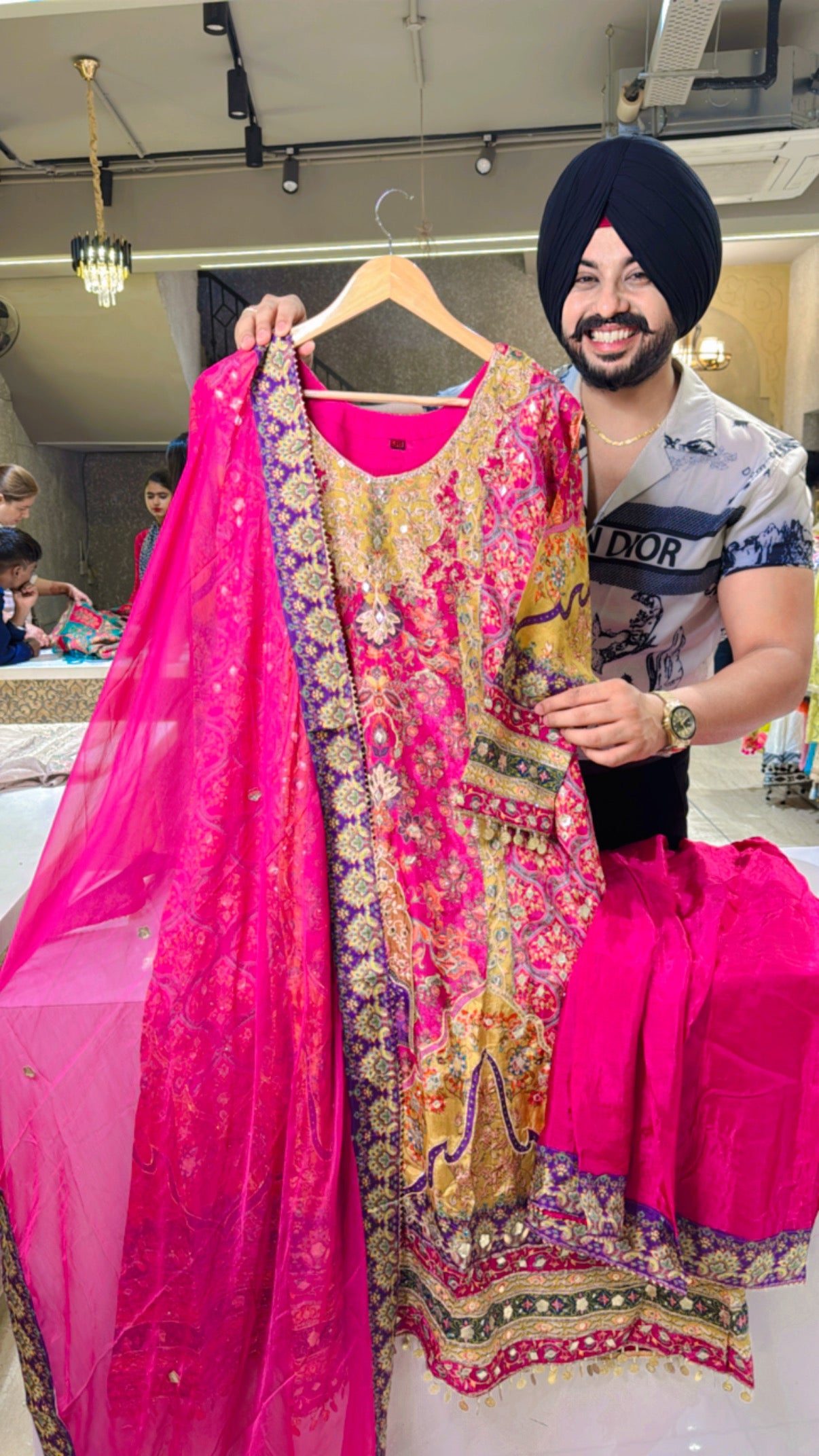 Hot pink Crepe A-line Pakistani Suits with Stylish Azaaro