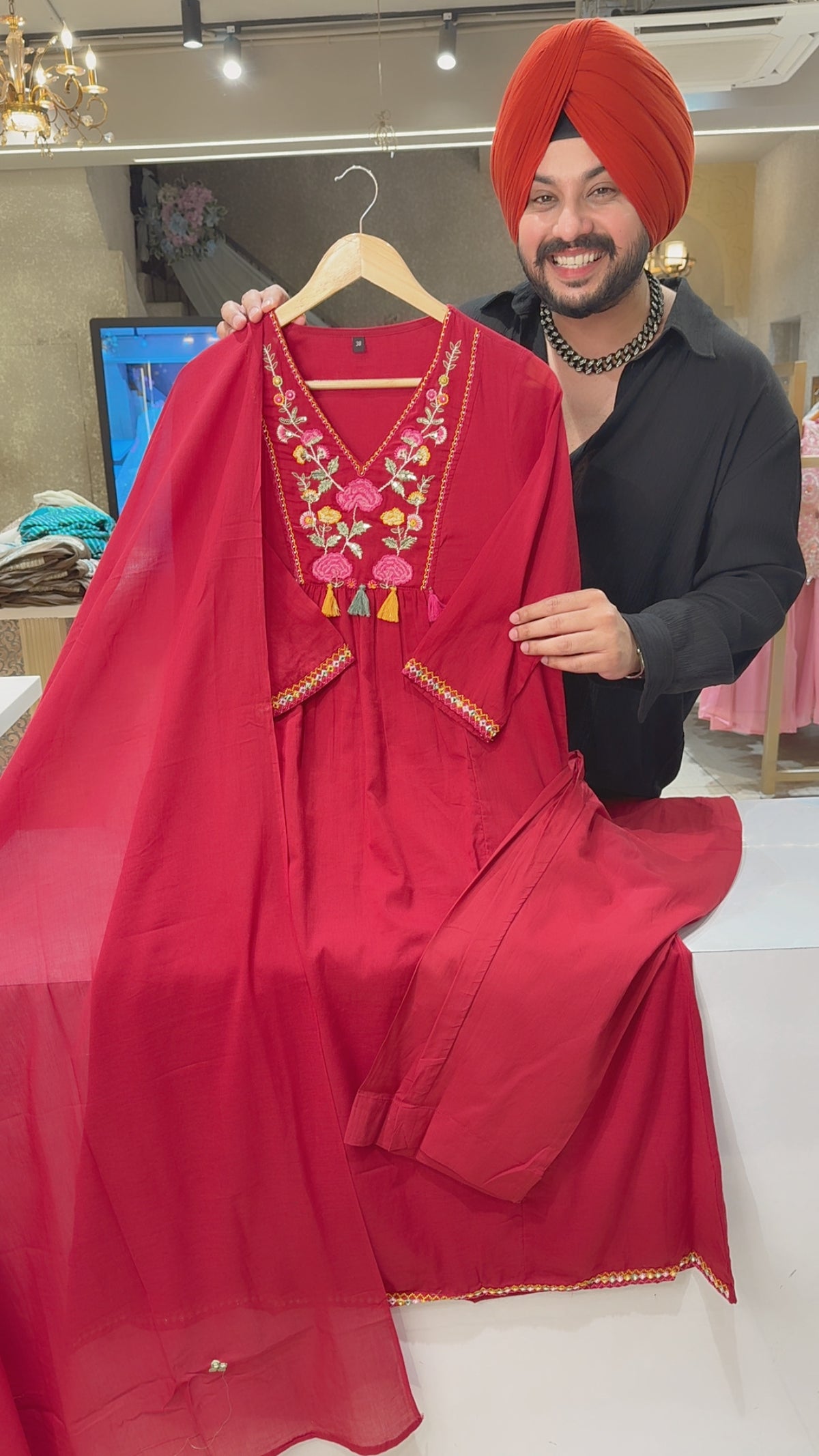Reddish maroon Soft Cotton Beautiful Embroidered A-line Office Wear Suit