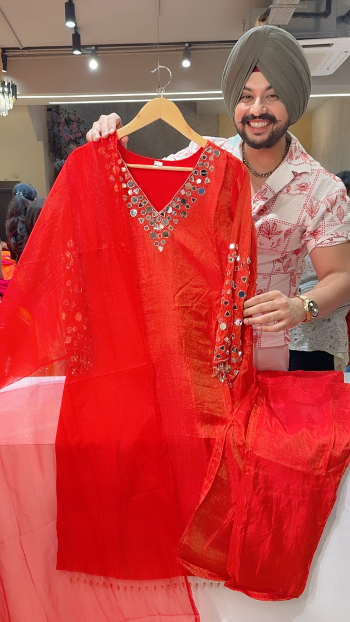 Vibrant Red Shimmer Silk Party wear Straight Suit with Heavy Mirror Work on Neck & Sleeves