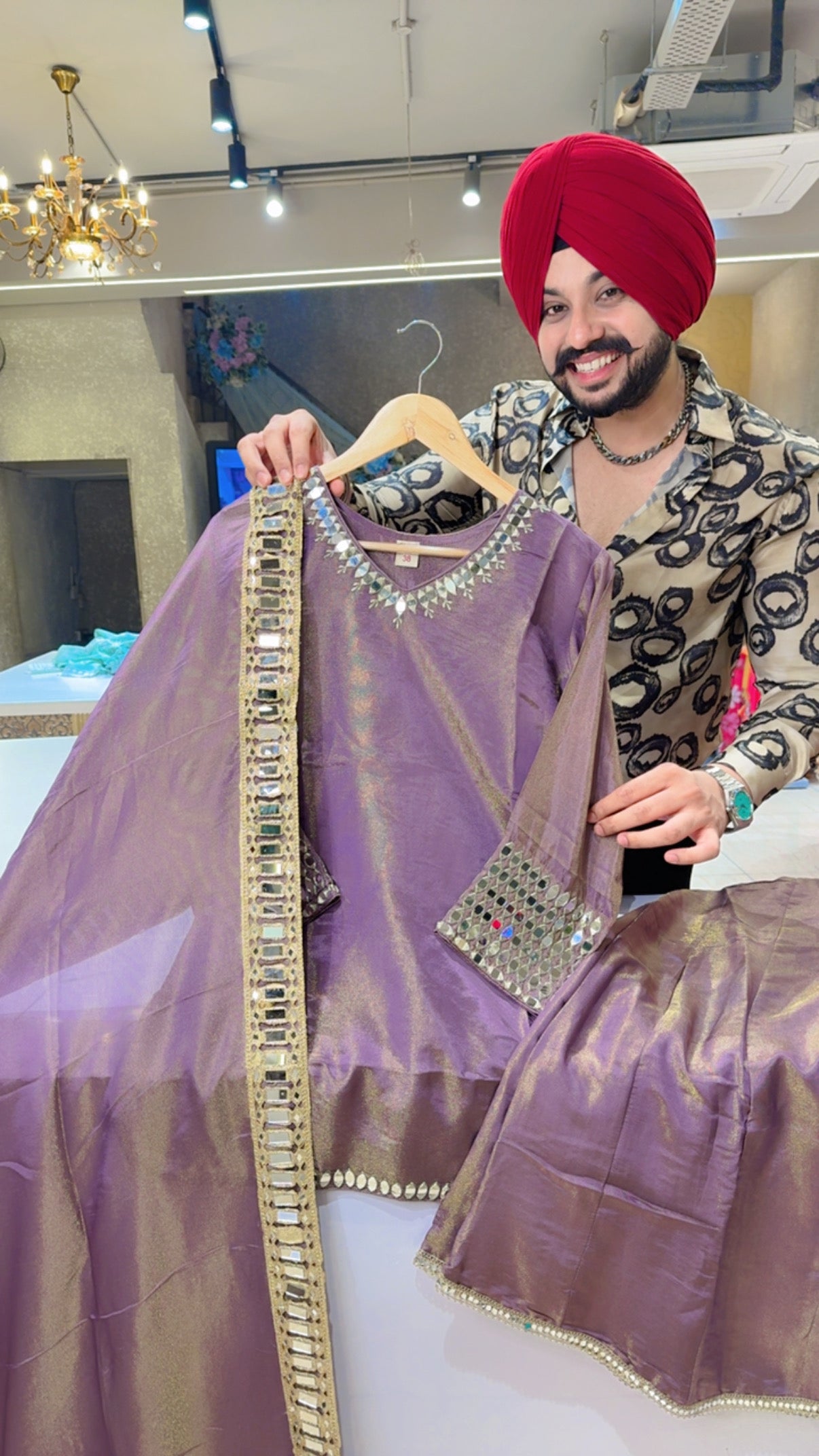 Goldenish purple Shimmer Silk Heavy mirror Work Apple cut Full Flair Sharara set with Heavy mirror work sleek Duppata