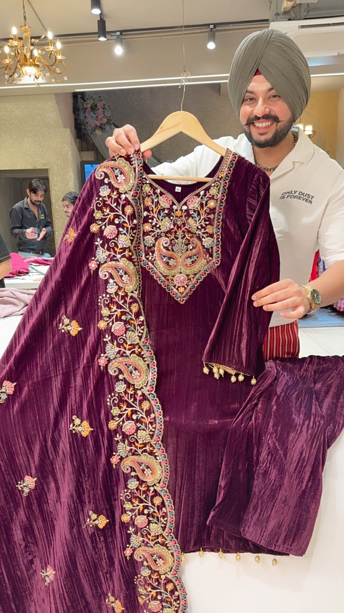 Dark Wine Crush Velvet party Wear Suit with Heavy Embroidered Duppata