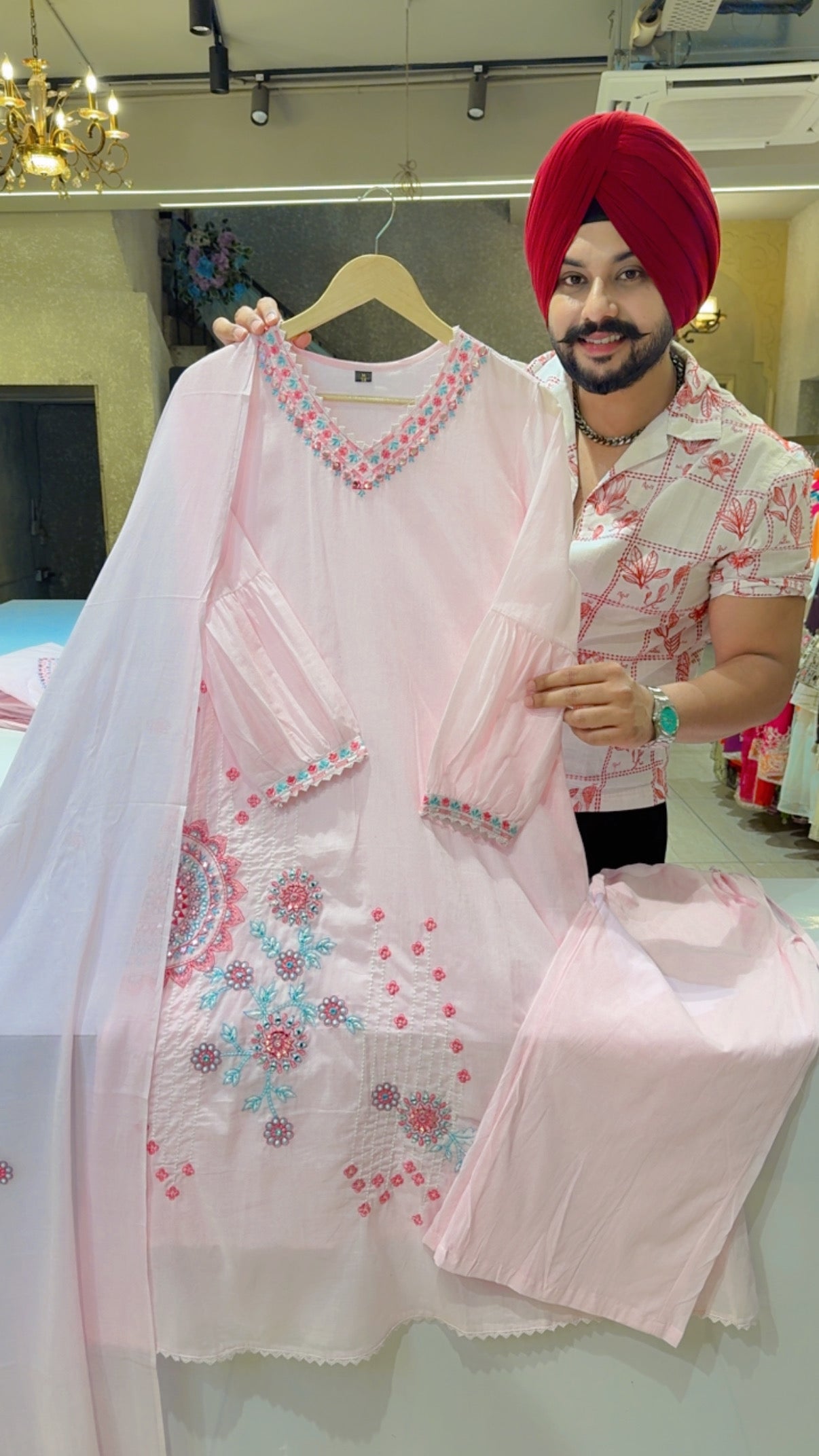 Baby Pink Mal Cotton Embroidered A-line Suit with Beautiful Embroidered Duppata