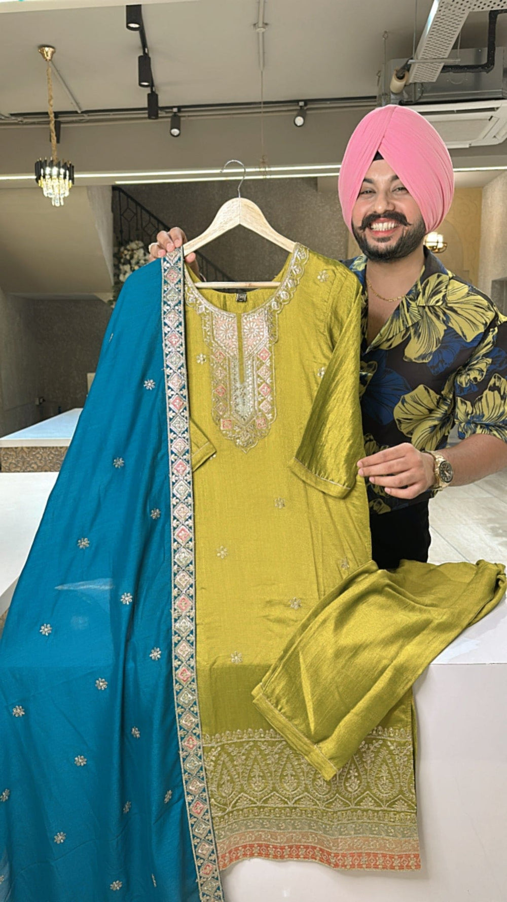 Rusty Orange Chinon Heavy embroidered & Pearl Work Straight Suit with Beautiful Duppata main image 0