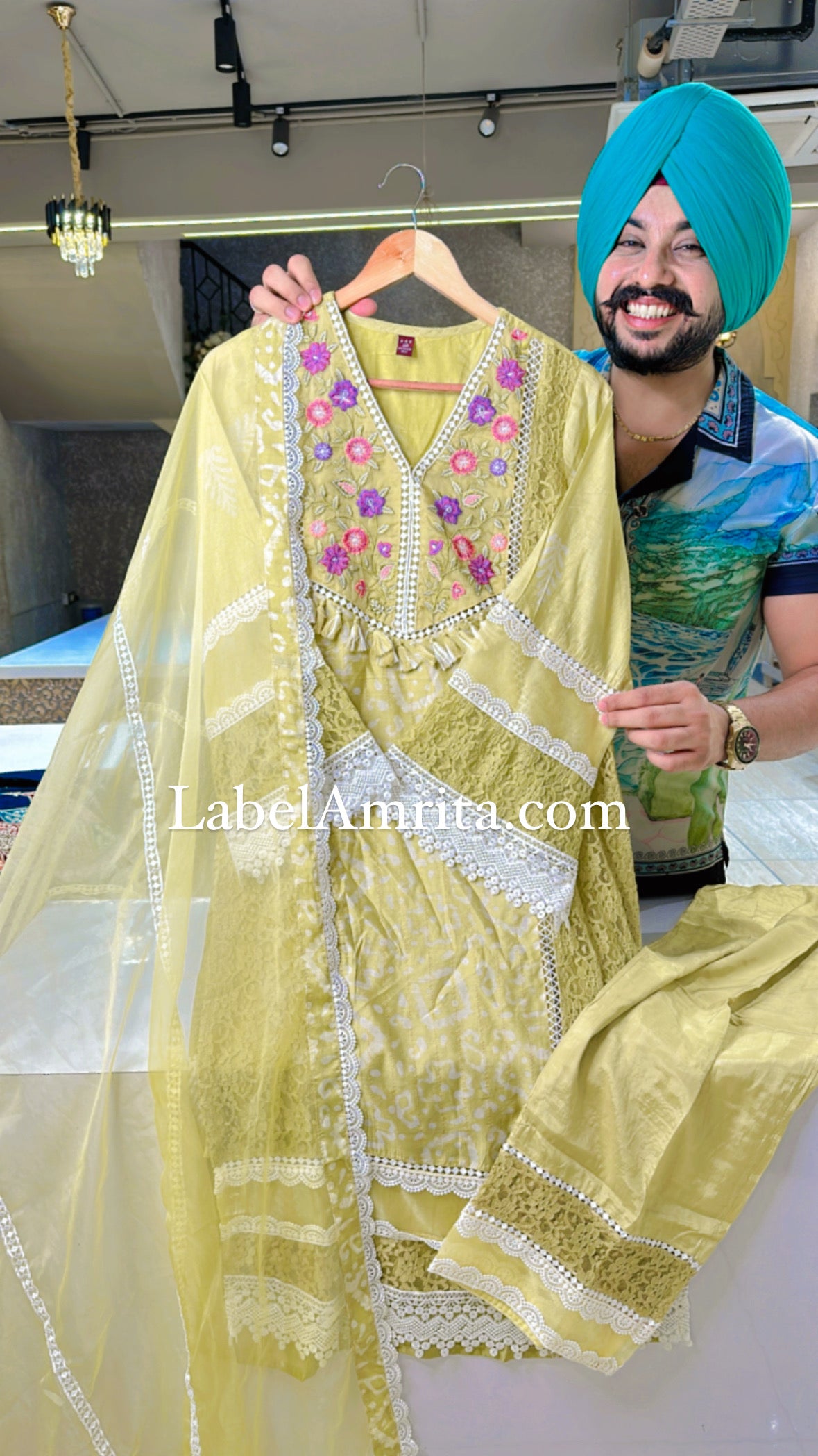 Greenish Yellow Muslin silk Pakistani Straight Suit with Organza Duppata