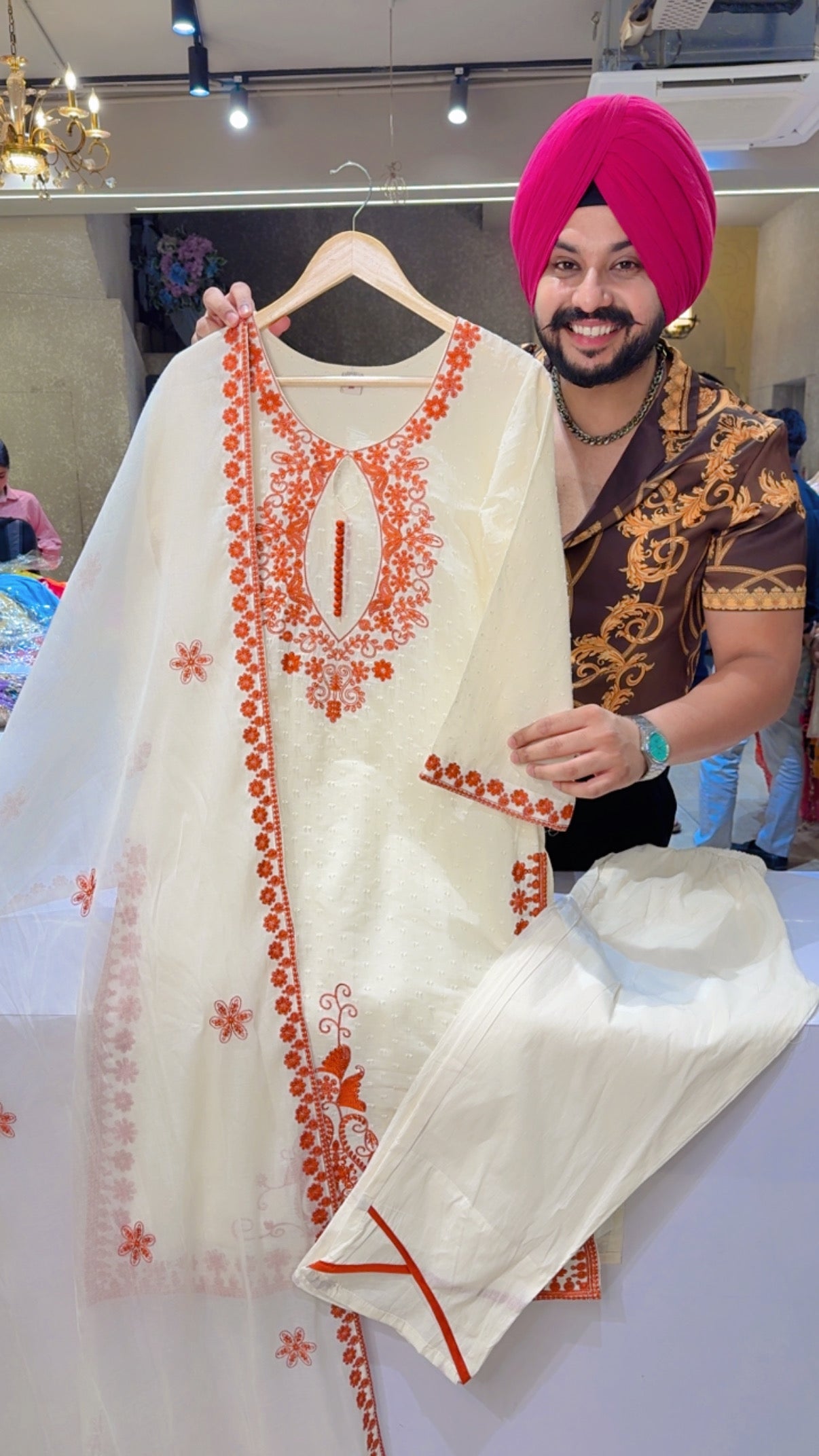 Off White & Rust Premium Kora Cotton Designer Neck Embroidered Straight Suit
