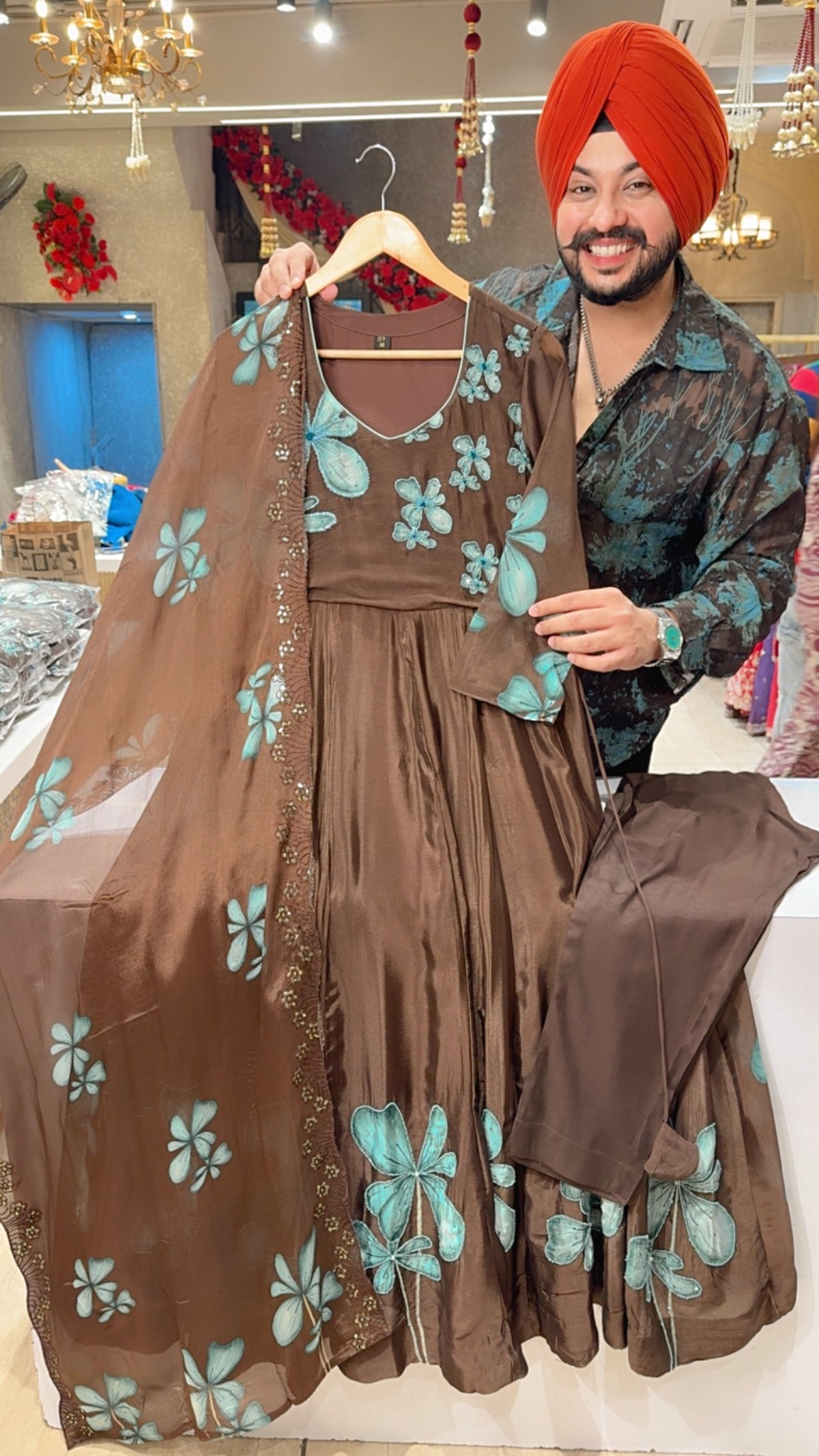 Chocolate Brown Chinon Floral Print Hand Embroidered Full Flair Anarkali Suit
