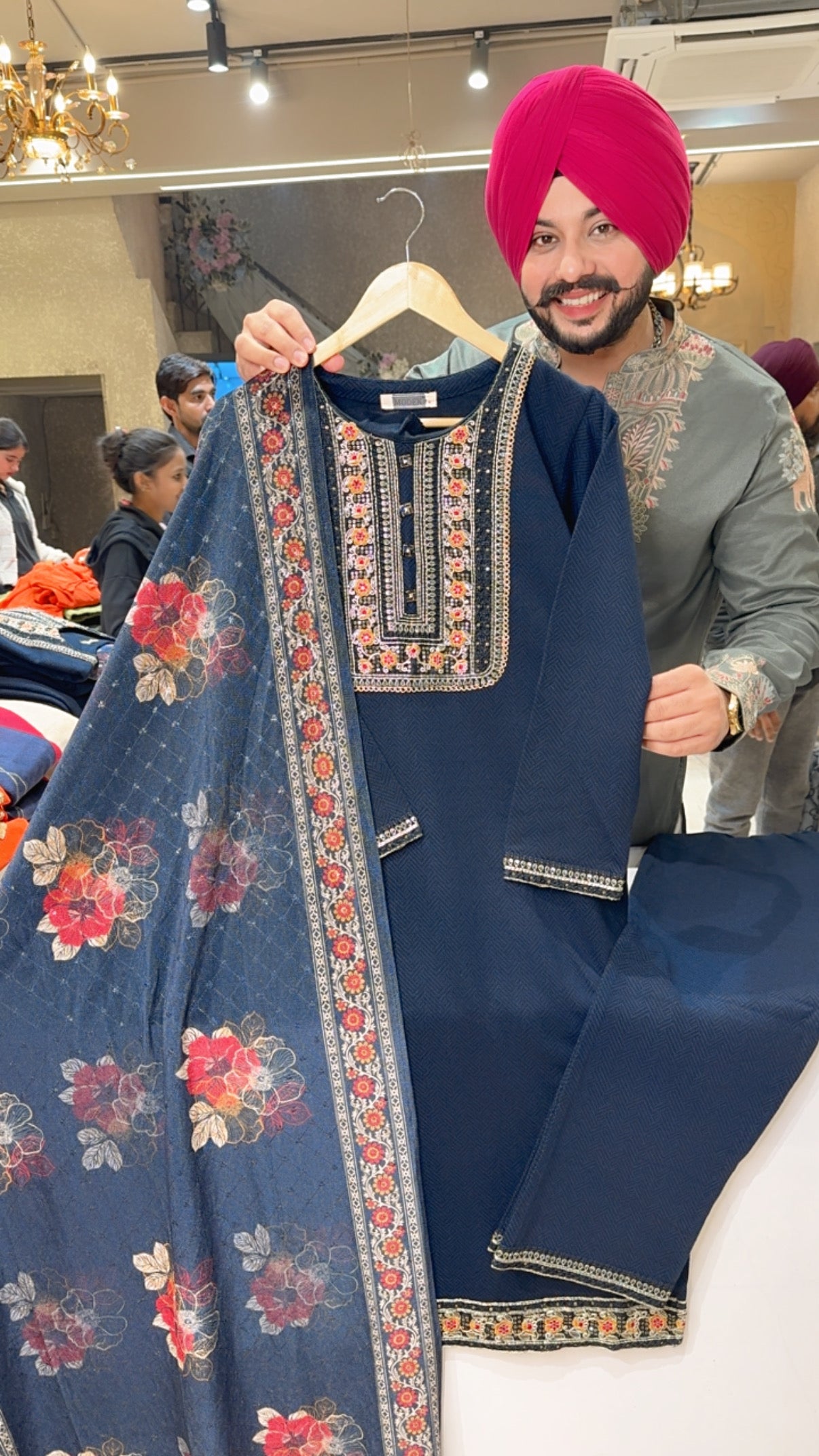 Dark Blue premium Woolen Embroidered Straight Suit with Floral Print Self Sequins Duppata