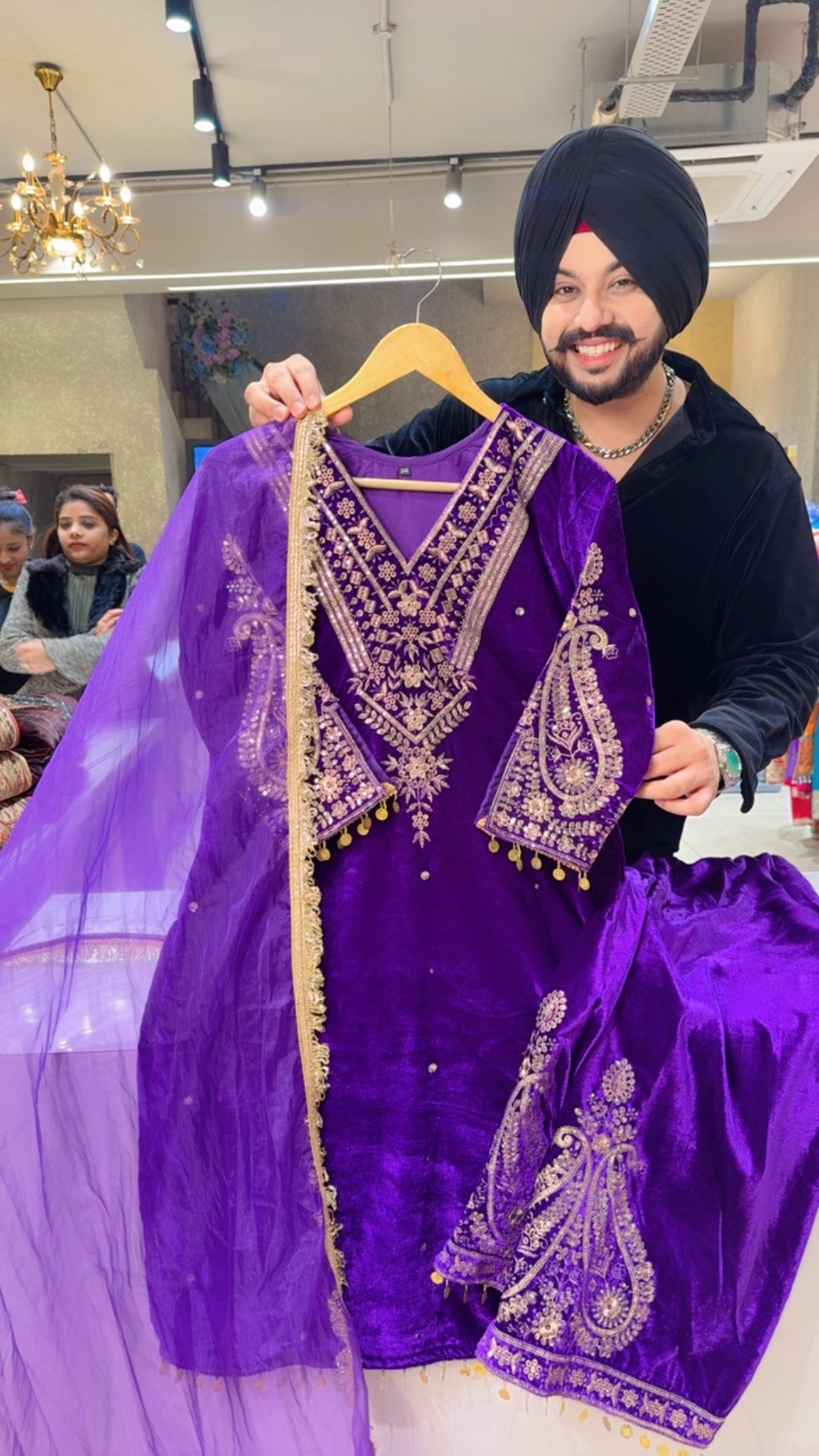 Purple Velvet Heavy Embroidered Kashmiri suit with Embroidered Pants & Organza Kiran Lace Duppata