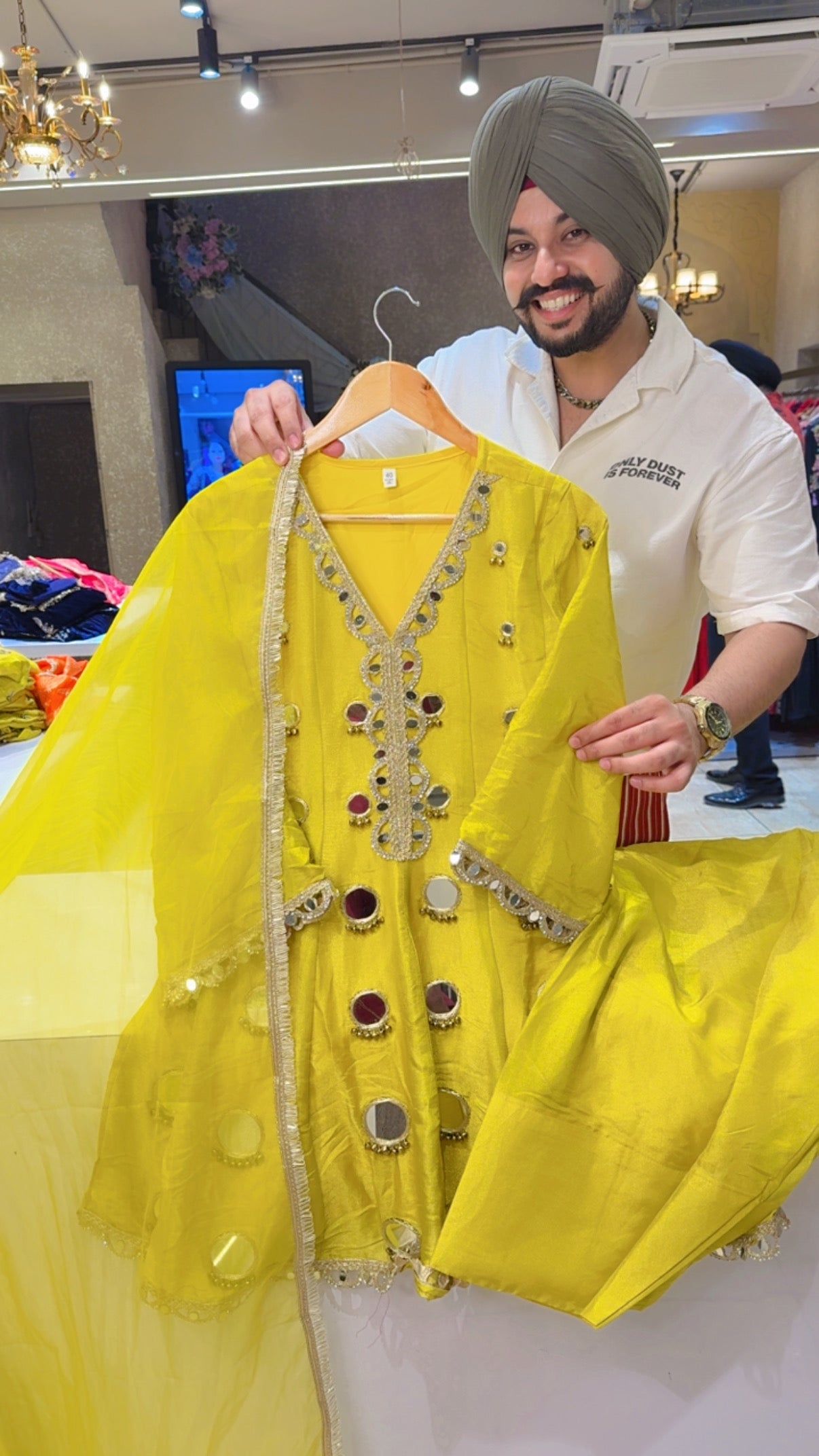 Lime Shimmer Silk Tissue Heavy Mirror work Paplum Farshi Salwar Suit