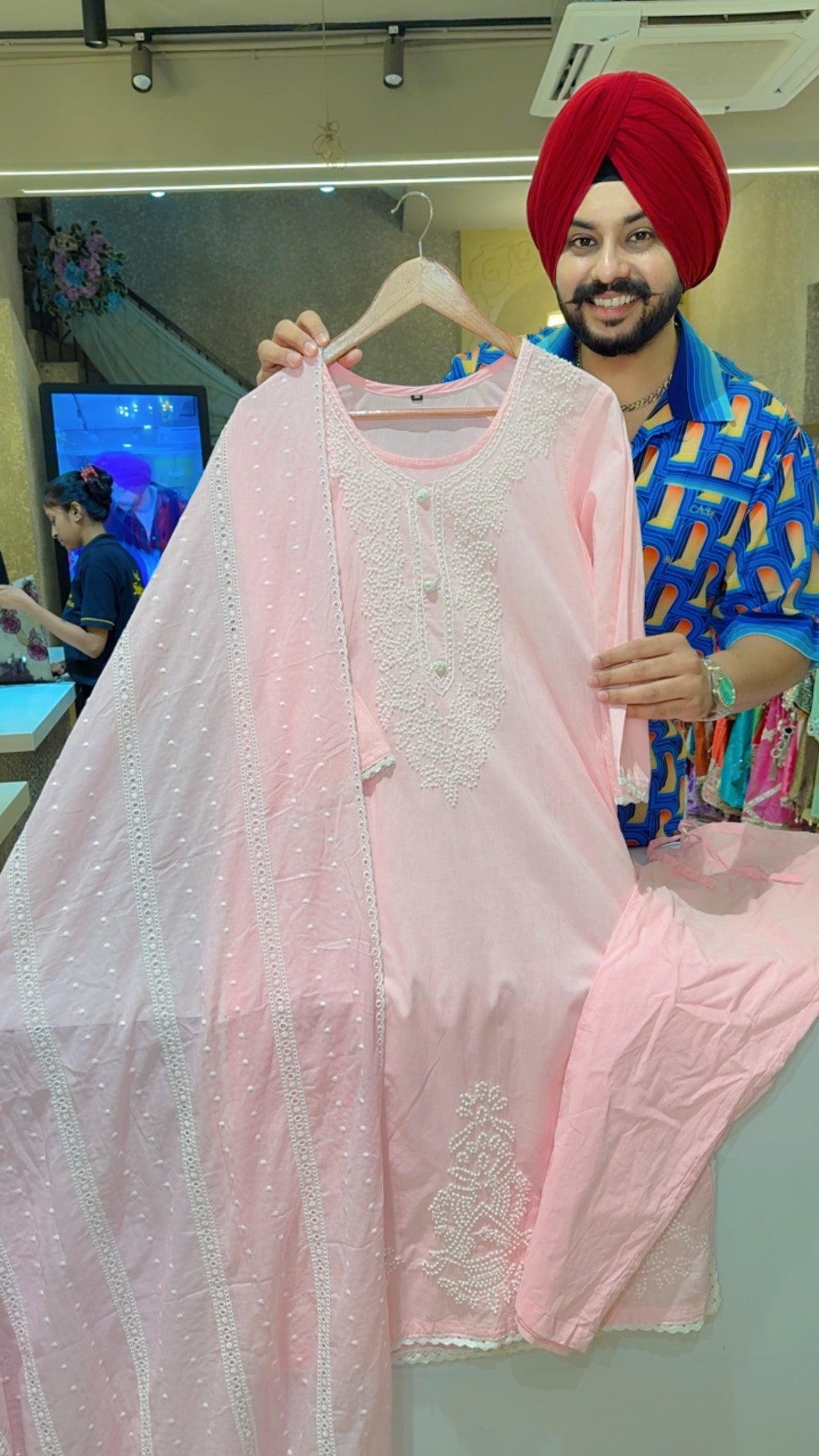 Pastel Pink Soft Cotton Lucknowi Style Embroidered Straight Suit with Fully Embroidered Duppata