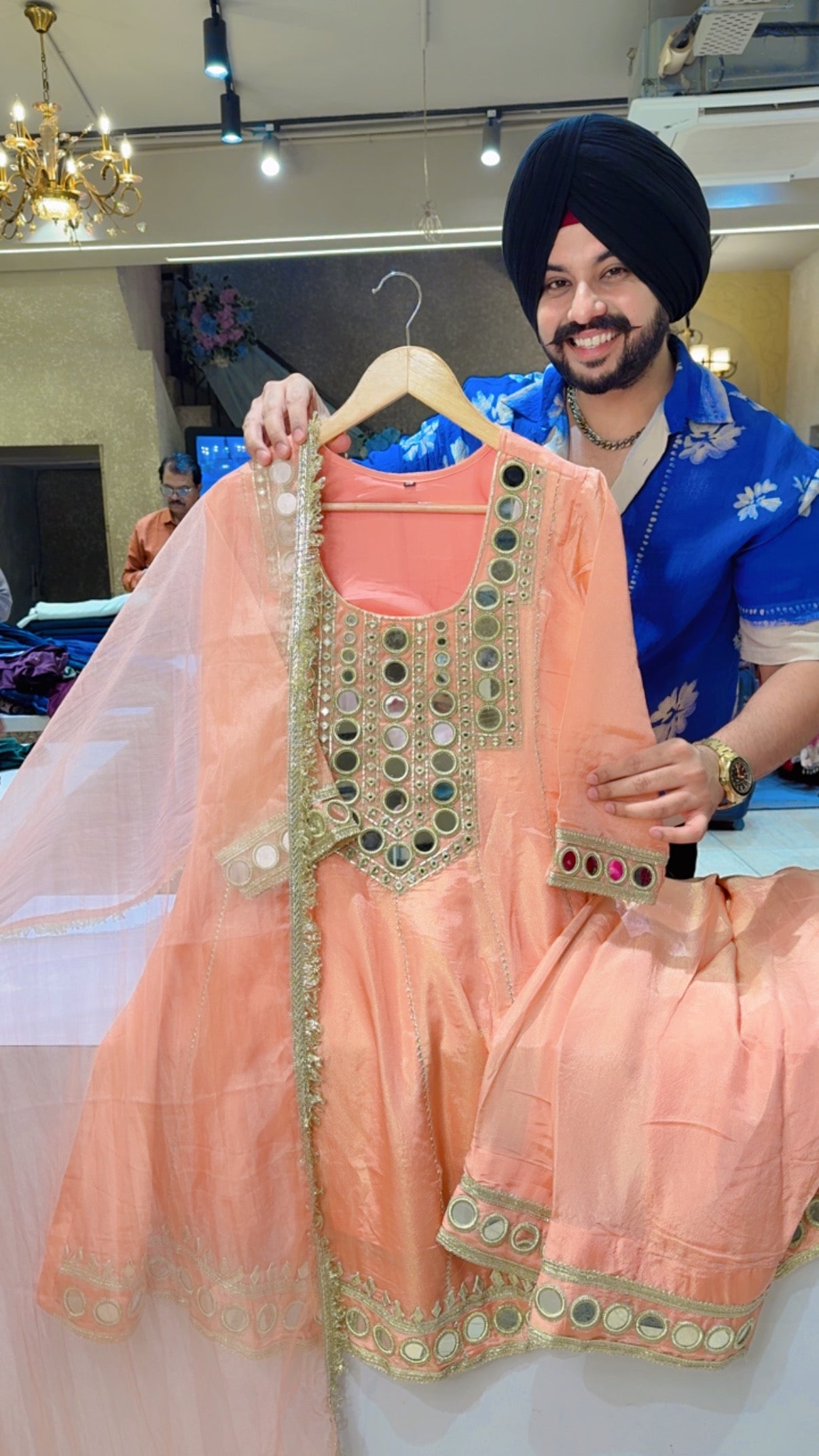 Peach Shimmer Silk heavy Gotta & Mirror Work Paplum Farwhi Salwar Set with Organza Duppata