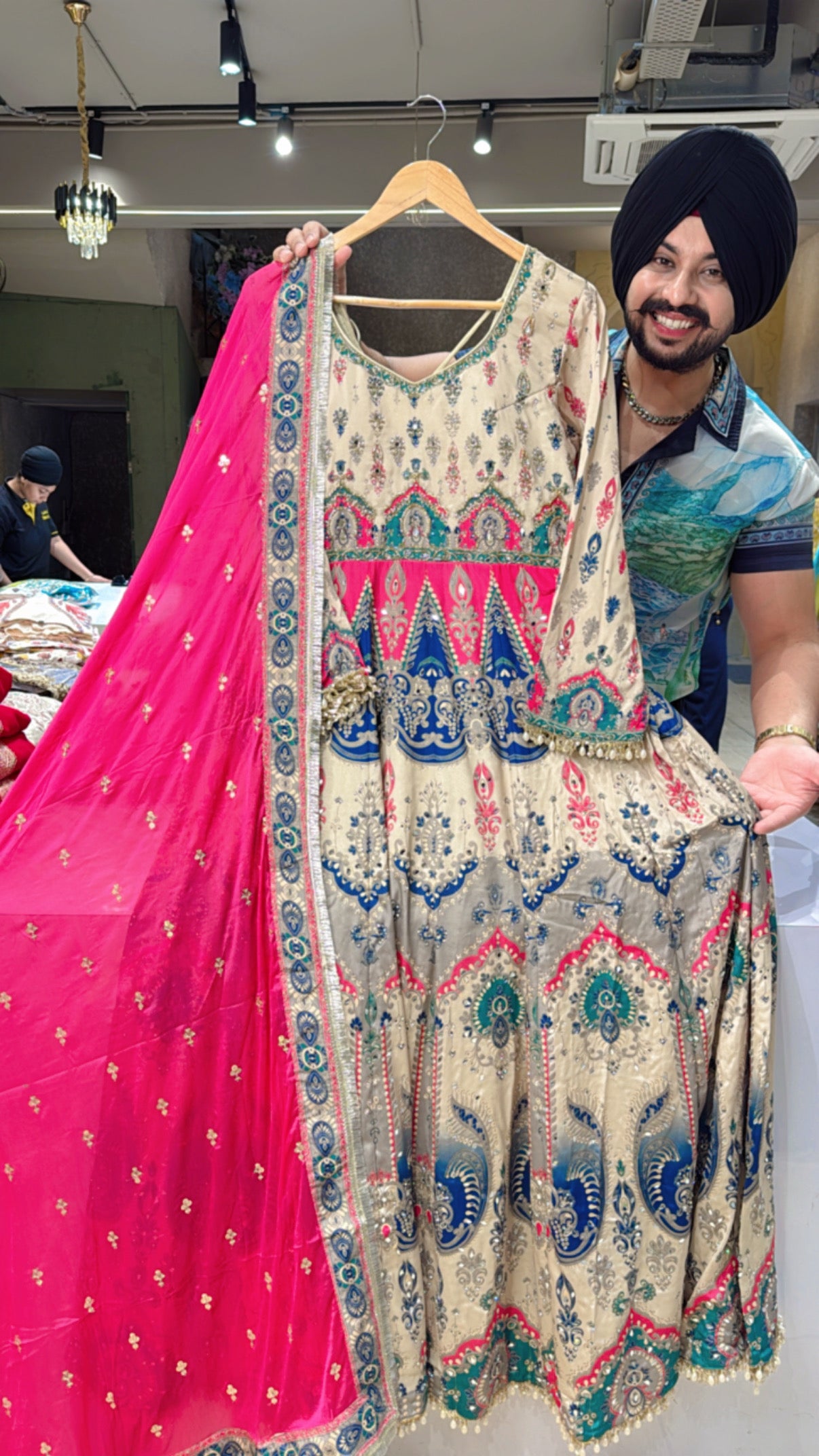 Goldenish Beige & MultiColored Premium Crepe Heavy Embroidery & Mirror pasting Anarkali Gown with Chinon Heavy Duppata