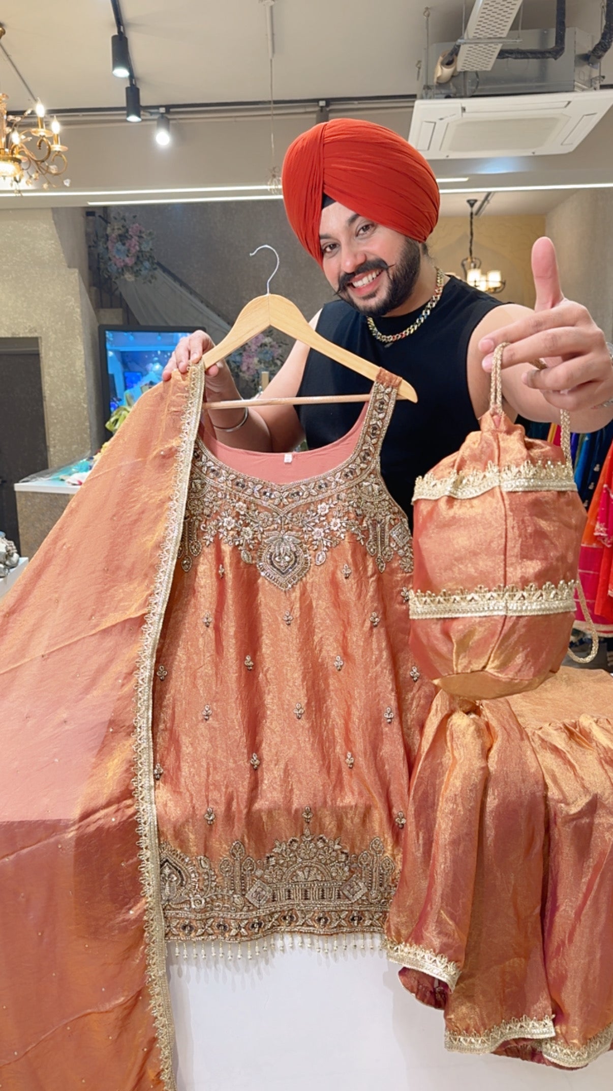 Rust Crush Shimmer Tissue Heavy Hand Embroidered Garara Suit