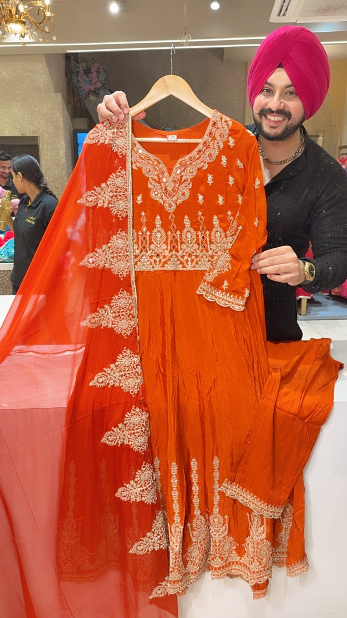 Rusty Orange Pure Chinon Heavy embroidered party Wear Anarkali Suit with Single Side Embroidered Duppata